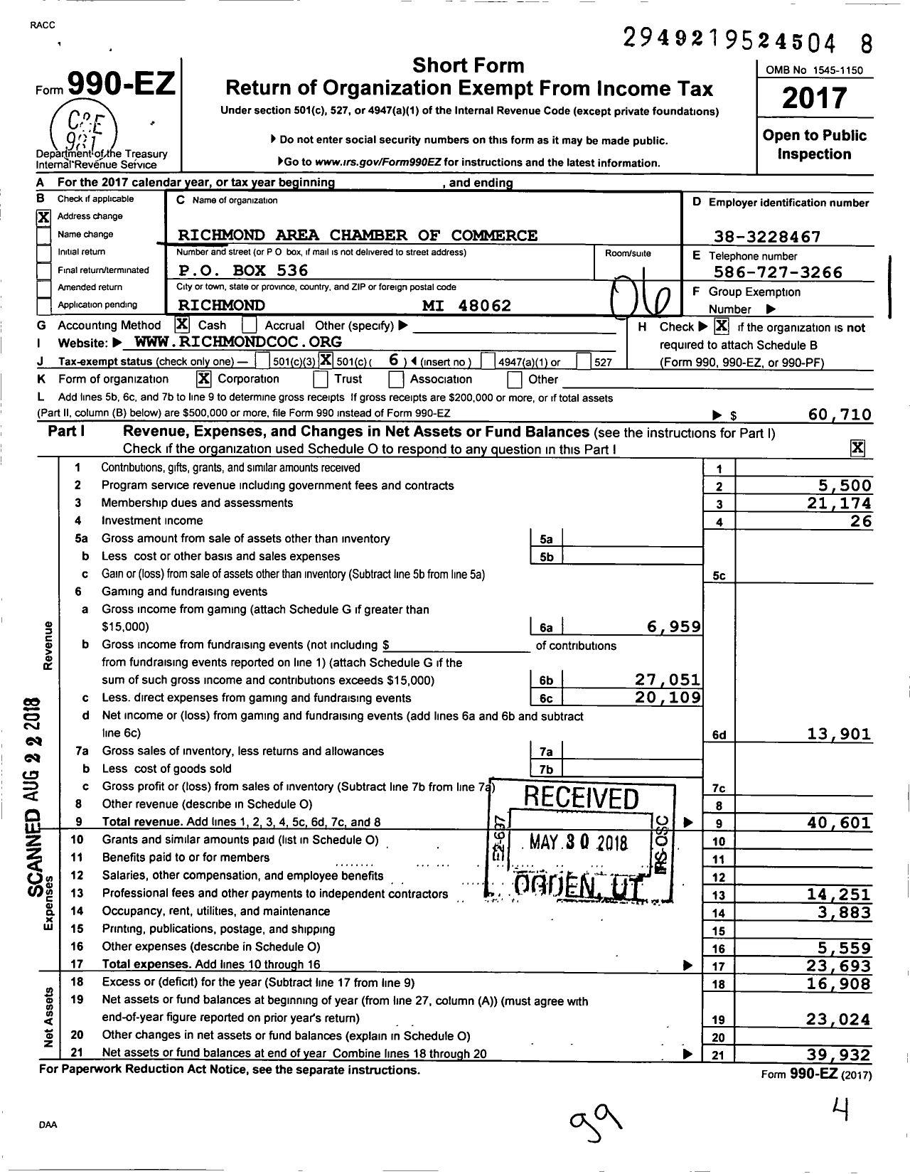 Image of first page of 2017 Form 990EO for Richmond Area Chamber of Commerce