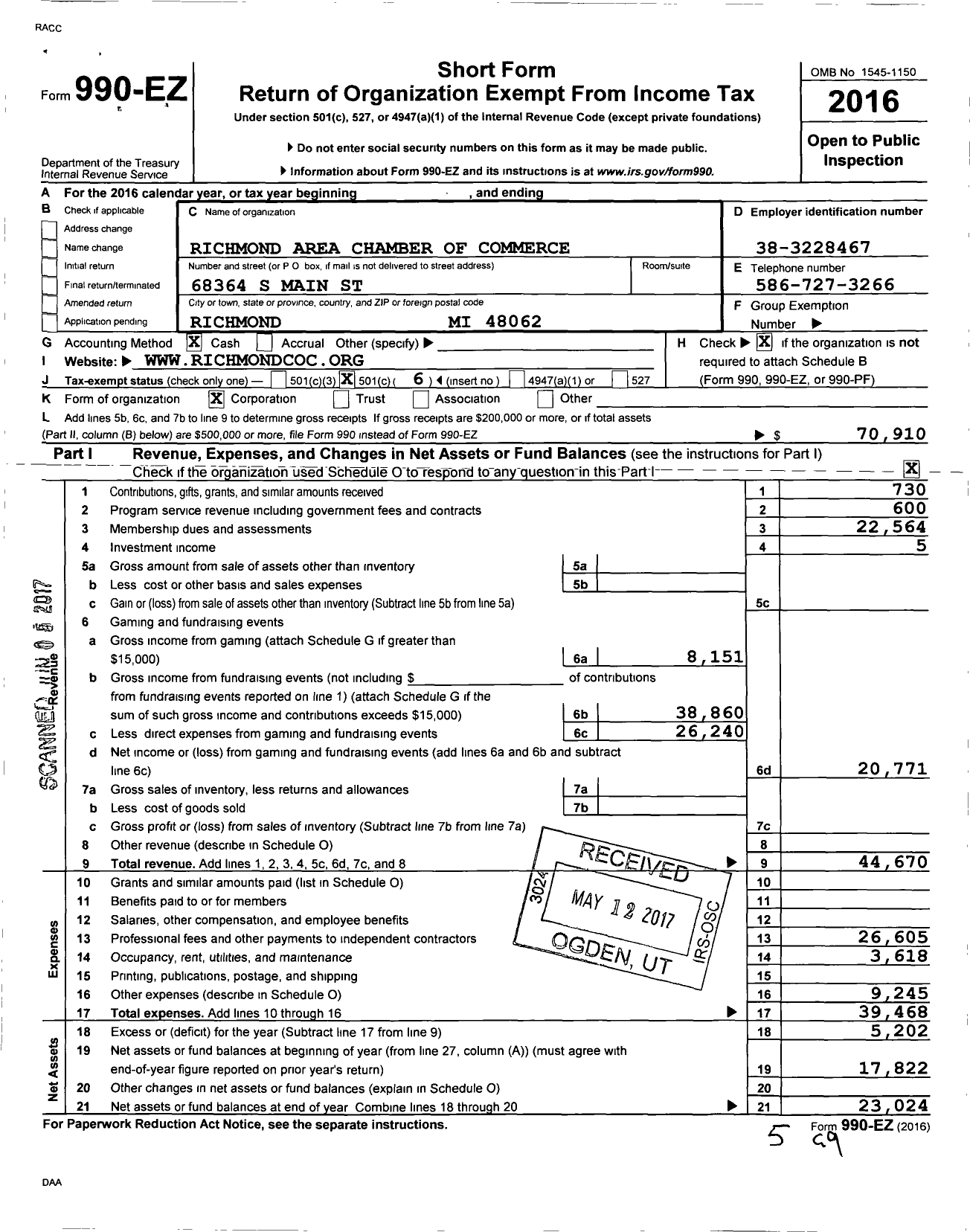 Image of first page of 2016 Form 990EO for Richmond Area Chamber of Commerce