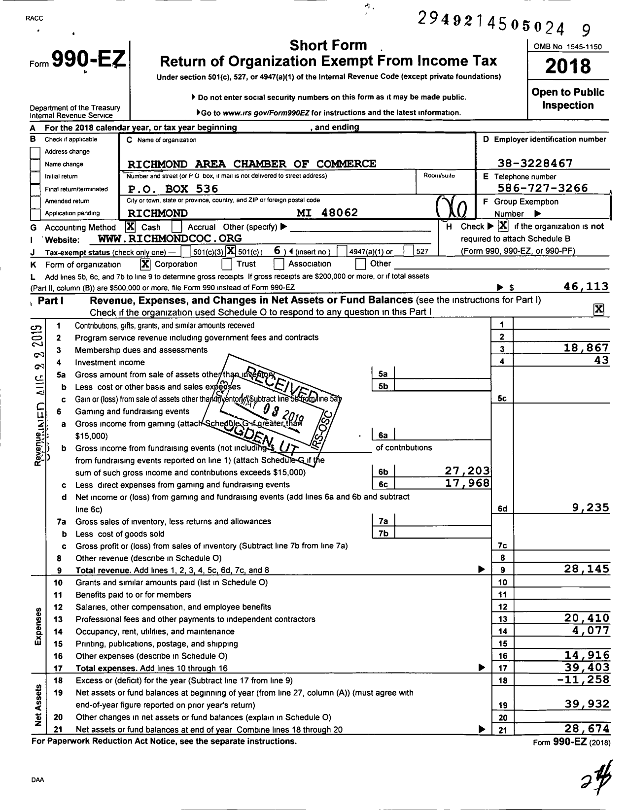 Image of first page of 2018 Form 990EO for Richmond Area Chamber of Commerce