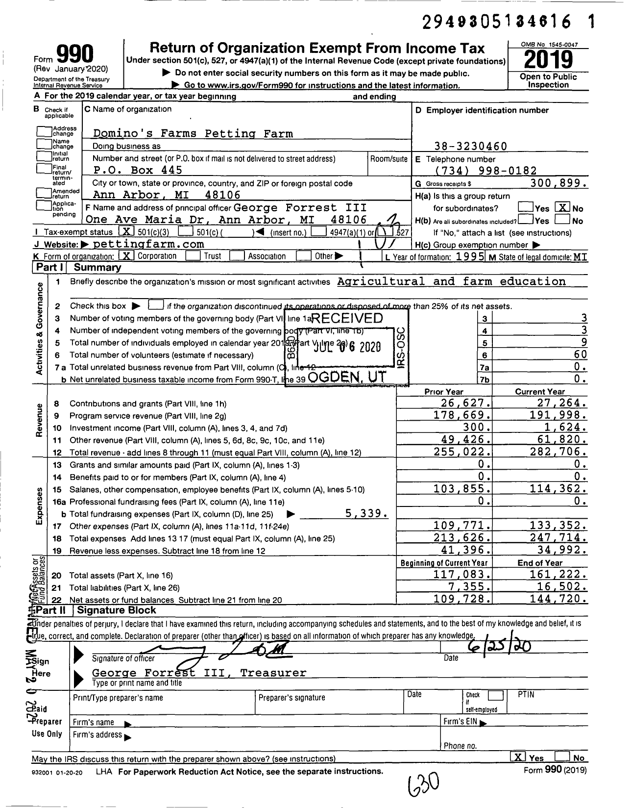 Image of first page of 2019 Form 990 for Domino's Farms Petting Farm