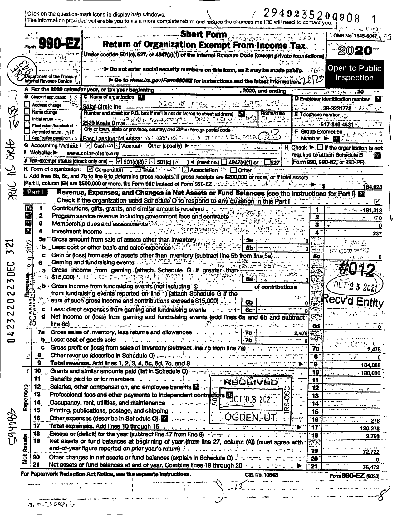 Image of first page of 2020 Form 990EZ for Solar Circle