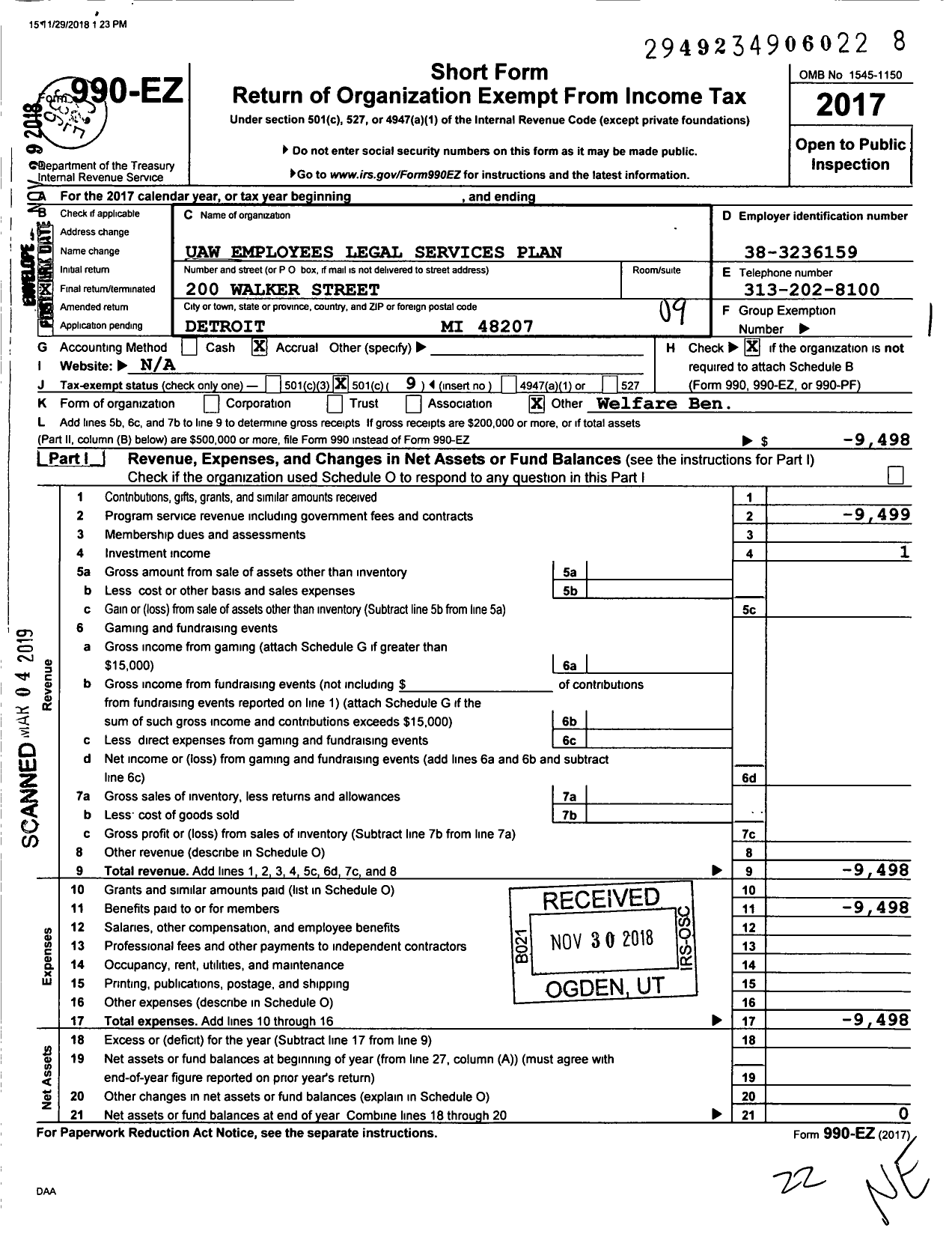 Image of first page of 2017 Form 990EO for Uaw Employees Legal Services Plan