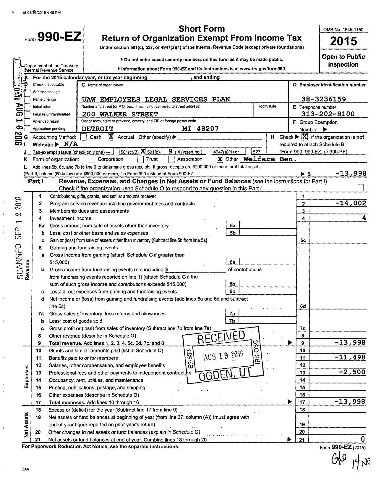 Image of first page of 2015 Form 990EO for Uaw Employees Legal Services Plan