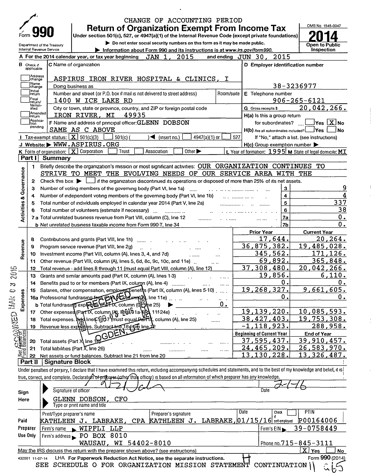 Image of first page of 2014 Form 990 for Aspirus Iron River Hospital and Clinics