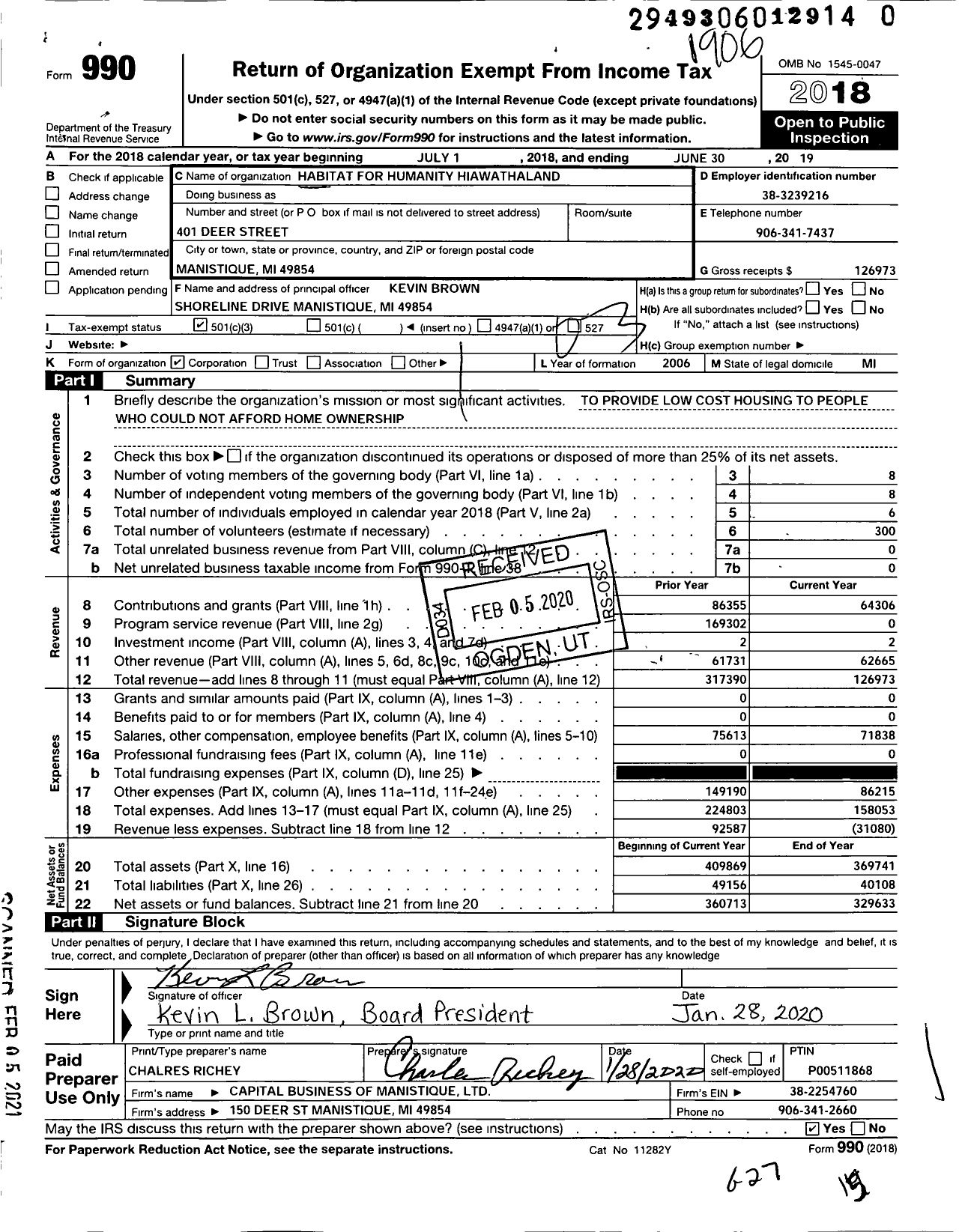 Image of first page of 2018 Form 990 for Habitat for Humanity - Hiawathaland HFH