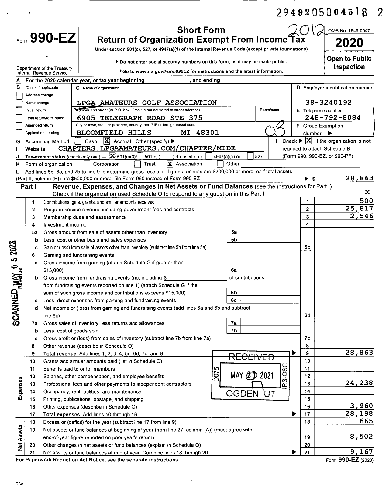 Image of first page of 2020 Form 990EZ for Lpga Amateurs of Metro Detroit