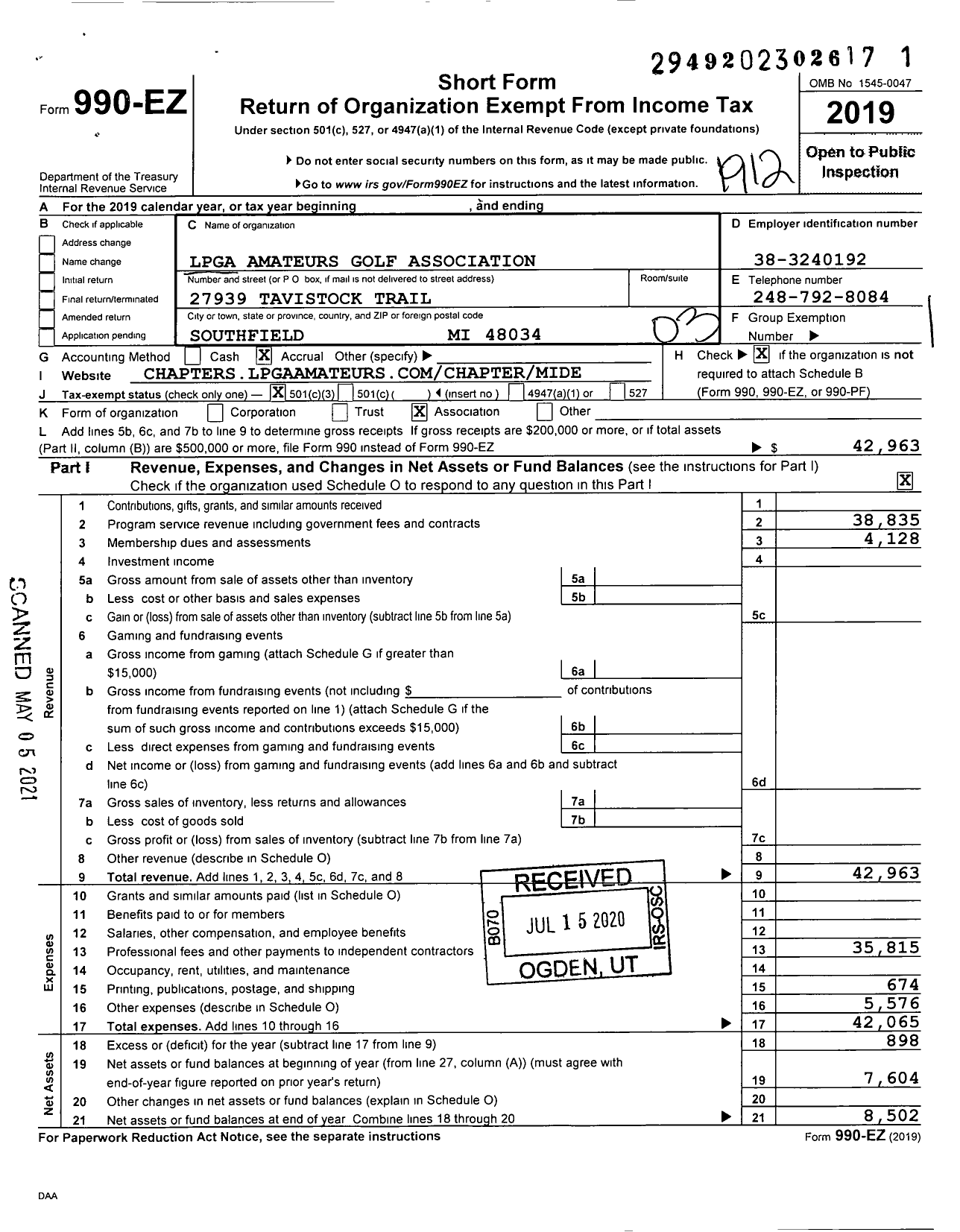 Image of first page of 2019 Form 990EZ for Lpga Amateurs of Metro Detroit