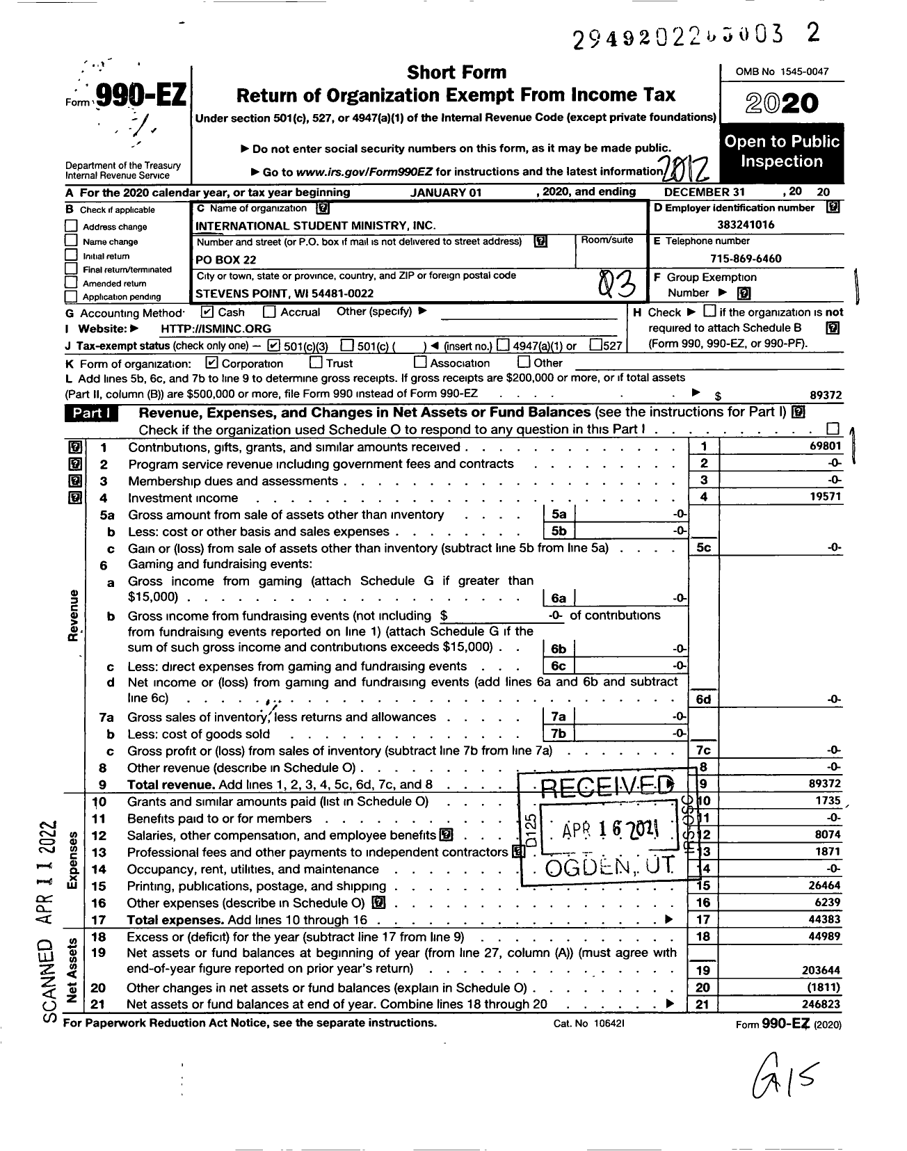 Image of first page of 2020 Form 990EZ for International Student Ministry