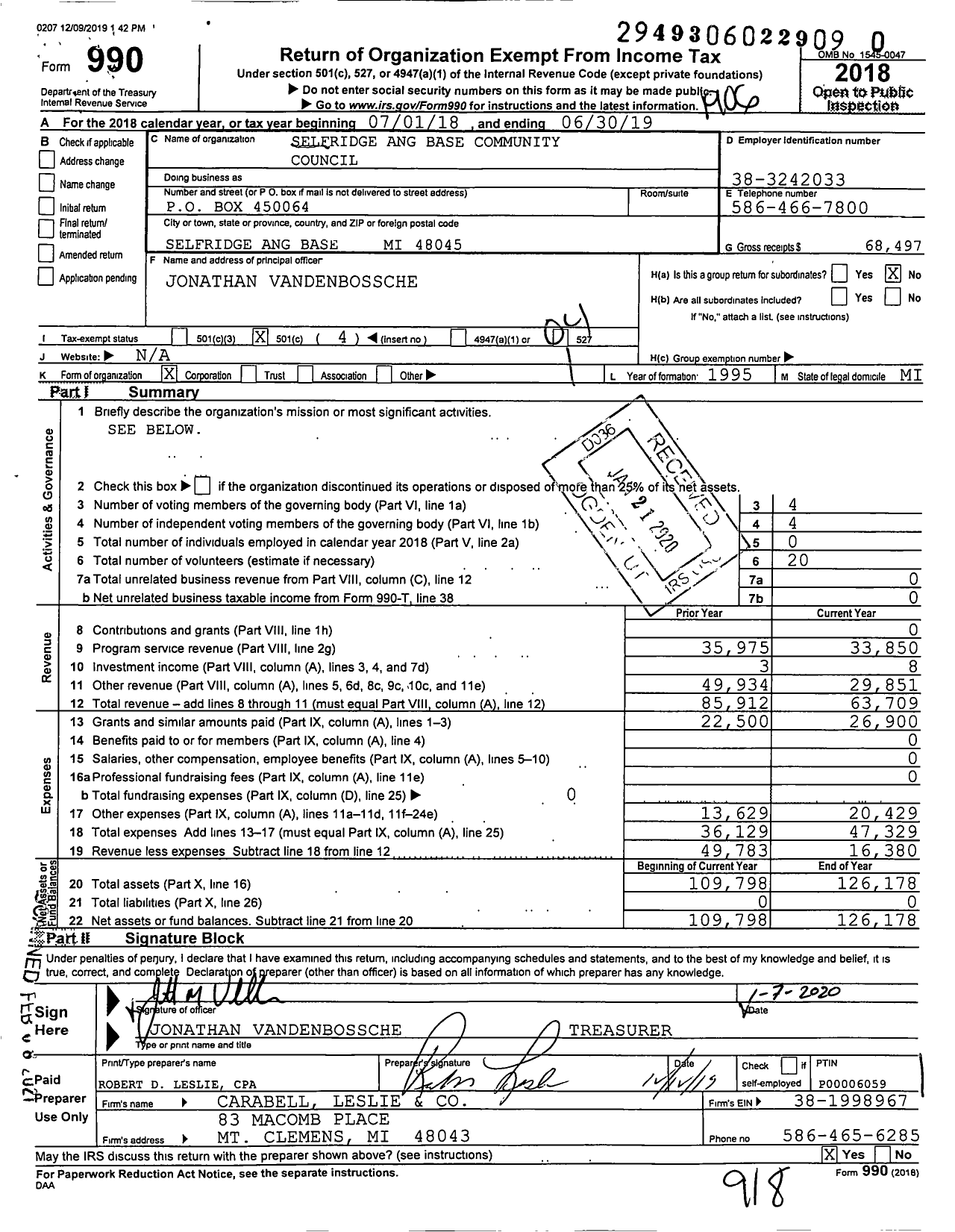 Image of first page of 2018 Form 990O for Selfridge Ang Base Community Council