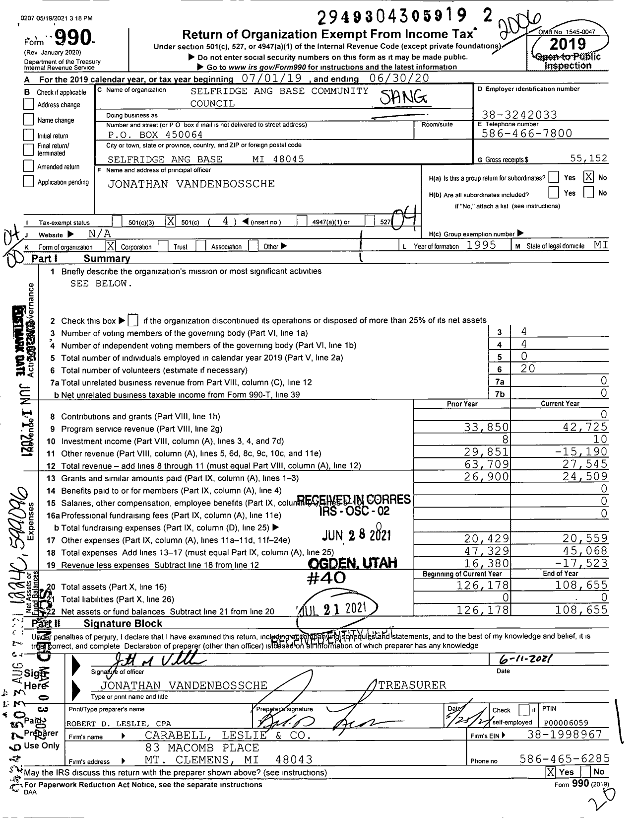 Image of first page of 2019 Form 990O for Selfridge Ang Base Community Council