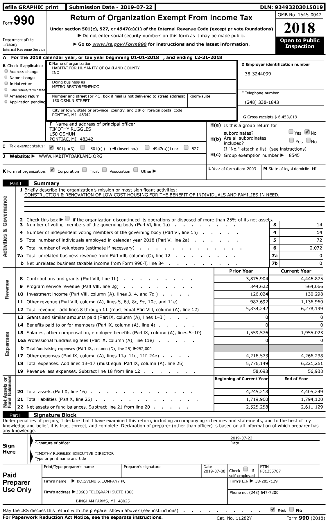 Image of first page of 2018 Form 990 for Habitat for Humanity - Habitat Oakland