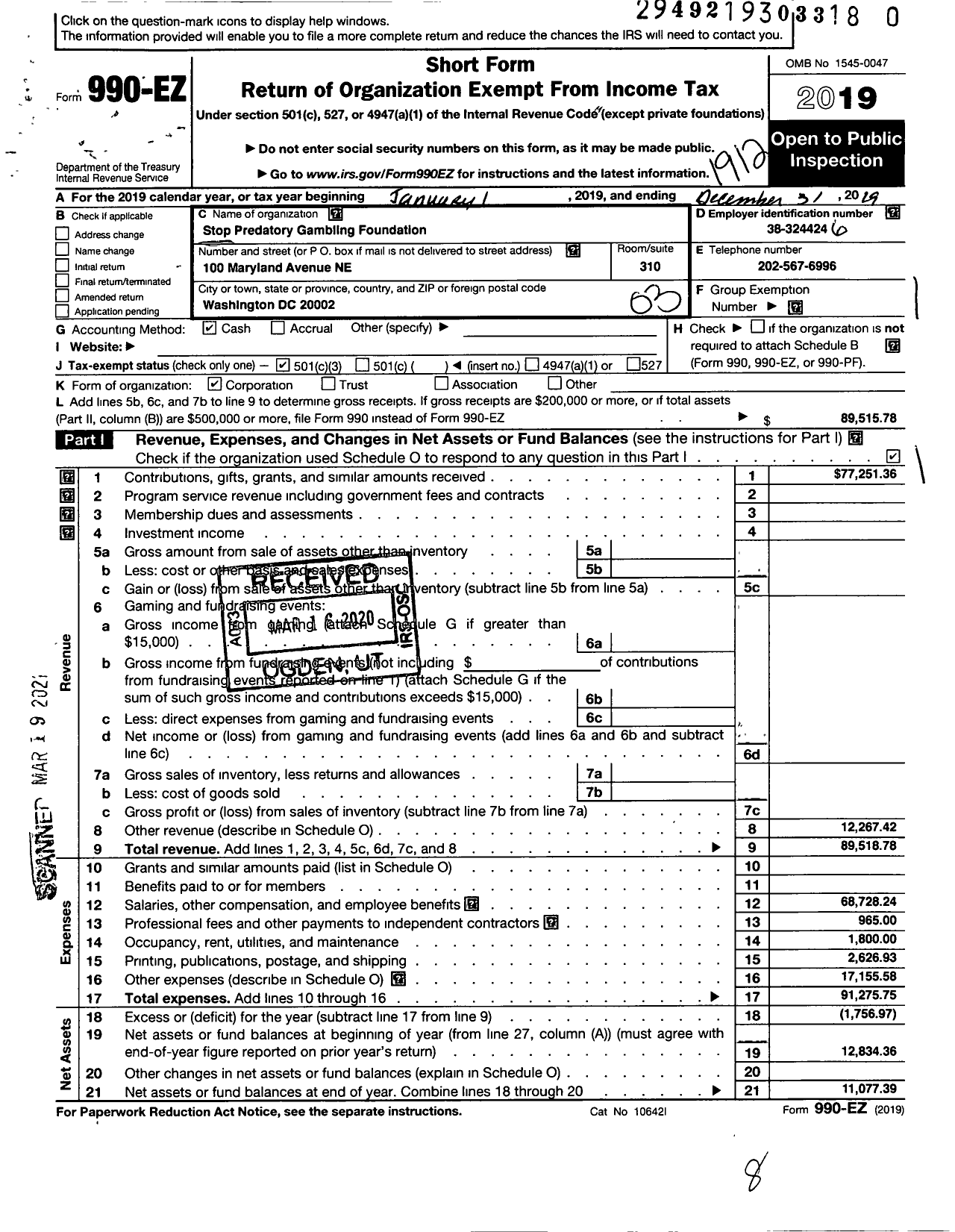 Image of first page of 2019 Form 990EZ for Stop Predatory Gambling Foundation