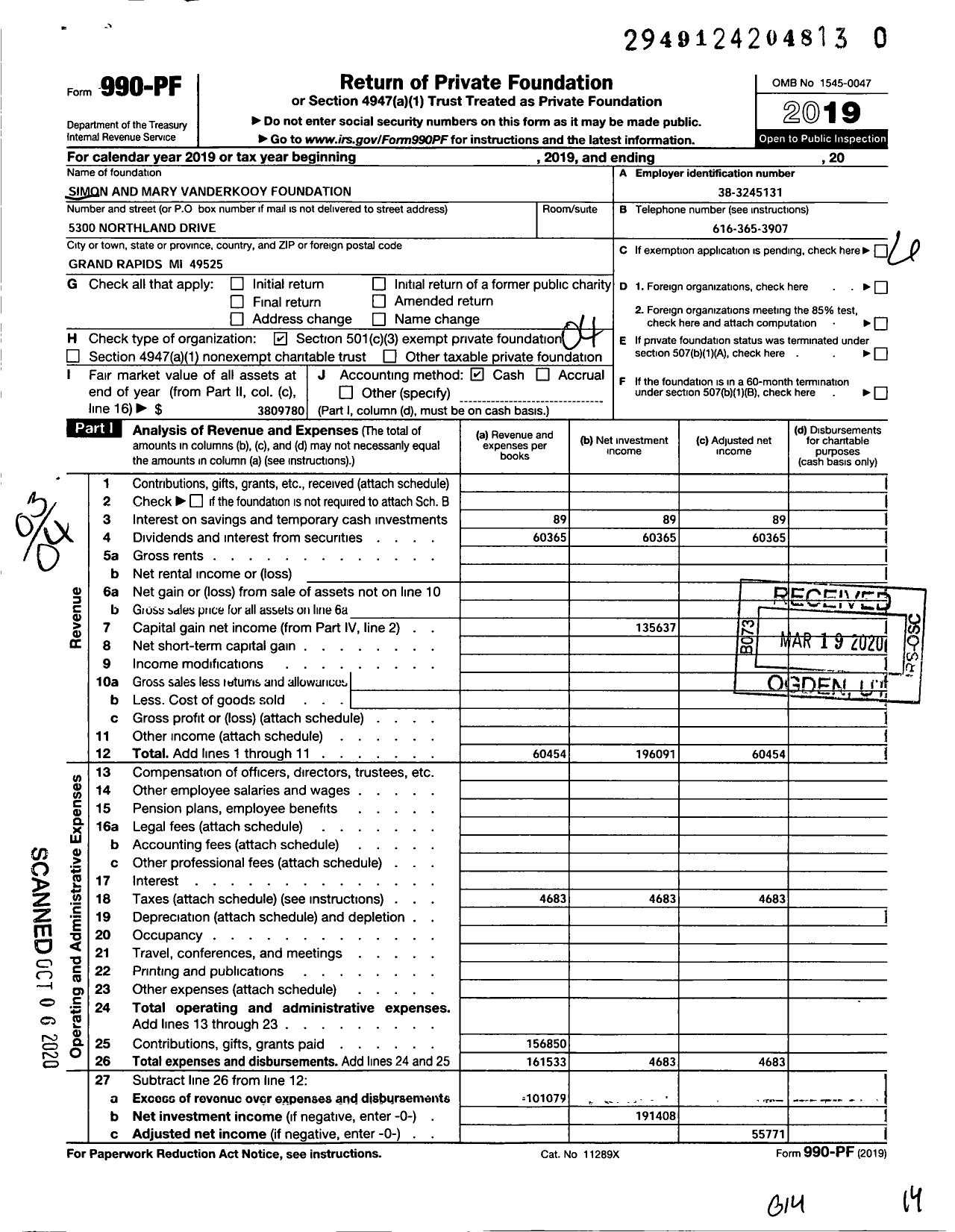 Image of first page of 2019 Form 990PR for Simon and Mary Vanderkooy Foundation