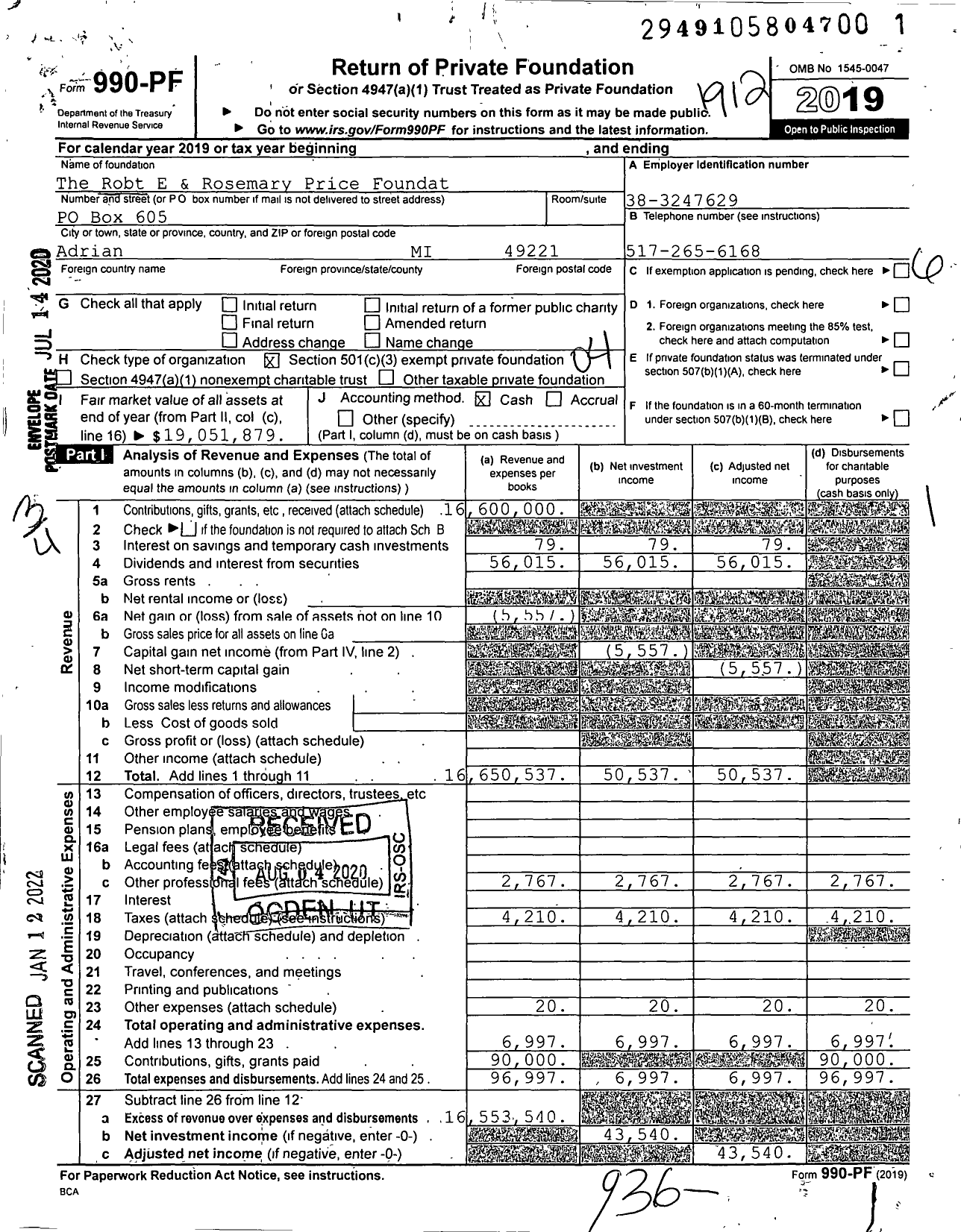 Image of first page of 2019 Form 990PF for The Robert E and Rosemary Price Foundation