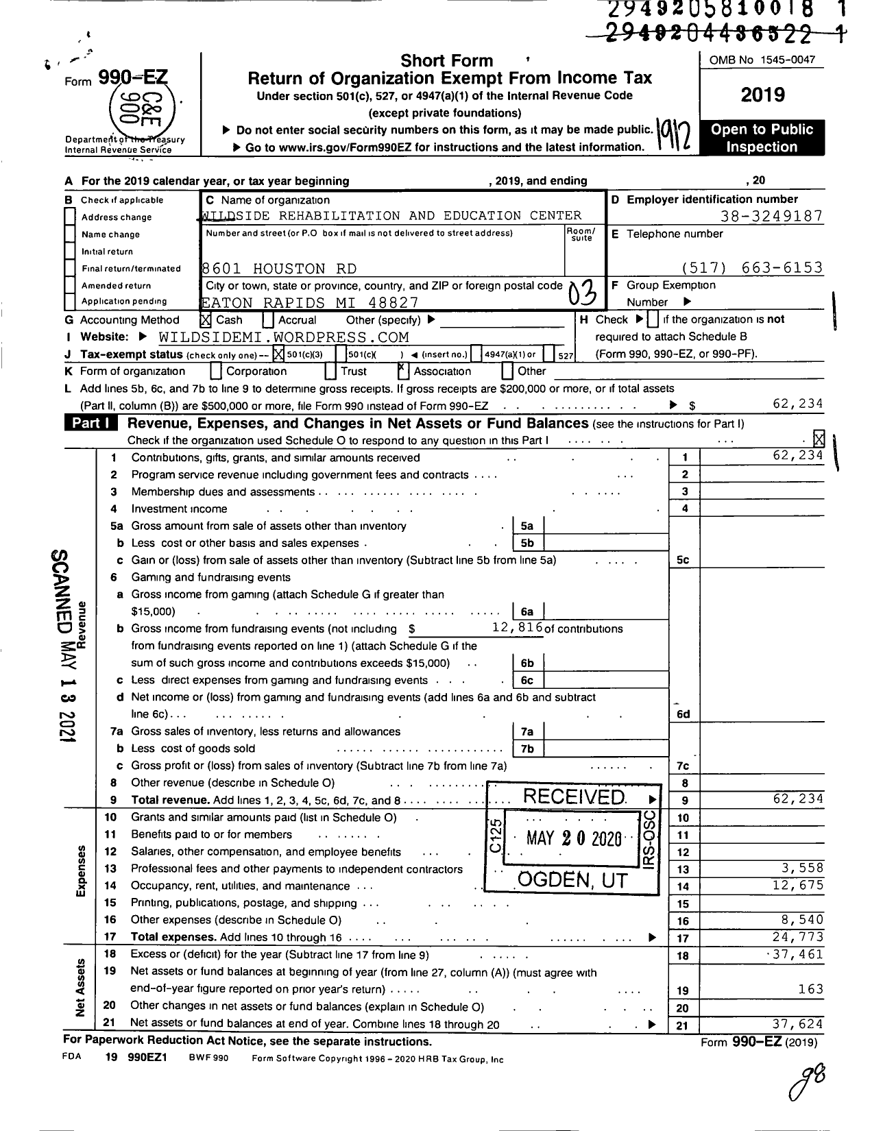 Image of first page of 2019 Form 990EZ for Wildside Rehabilitation and Education Center