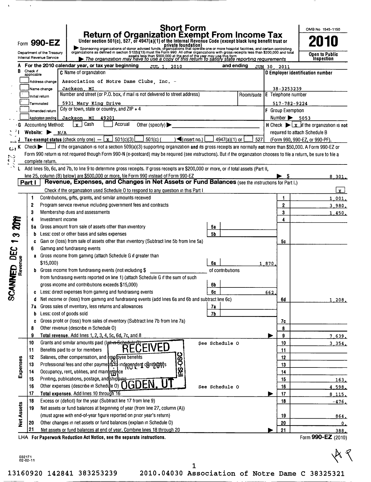 Image of first page of 2010 Form 990EZ for Association of Notre Dame Clubs Inc - Jackson MI