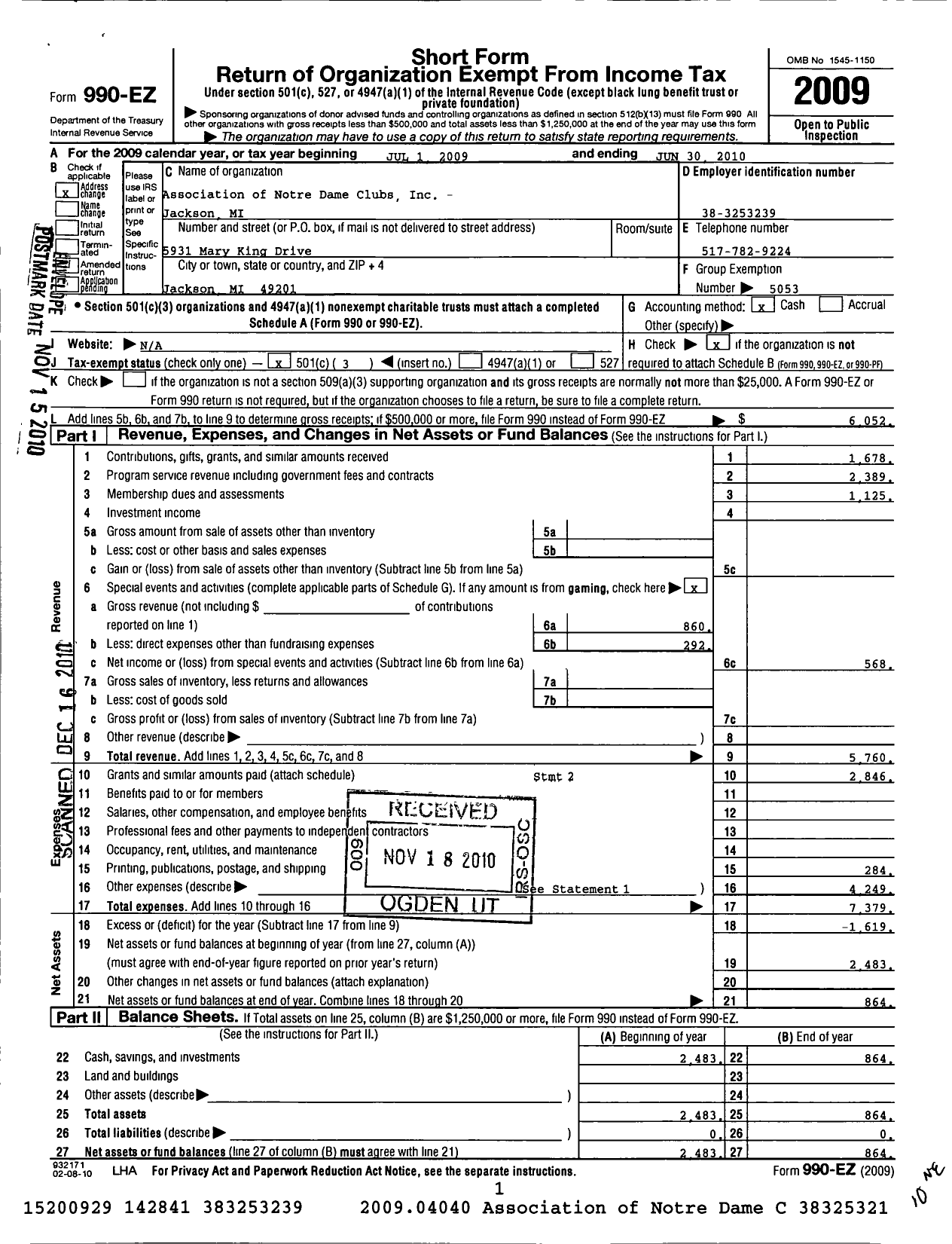 Image of first page of 2009 Form 990EZ for Association of Notre Dame Clubs Inc - Jackson MI