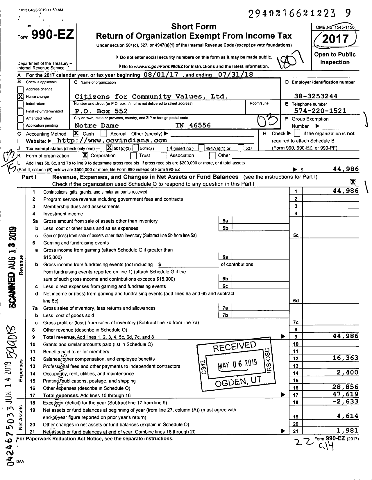 Image of first page of 2017 Form 990EZ for Citizens for Community Values