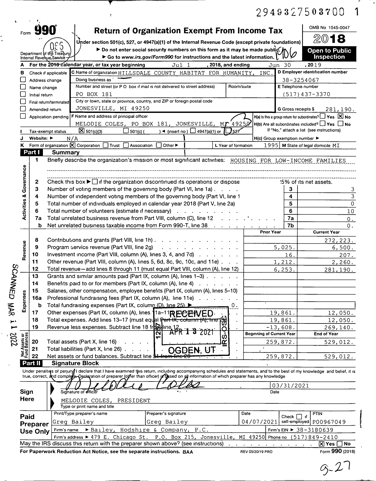 Image of first page of 2018 Form 990 for Hillsdale County Habitat for Humanity