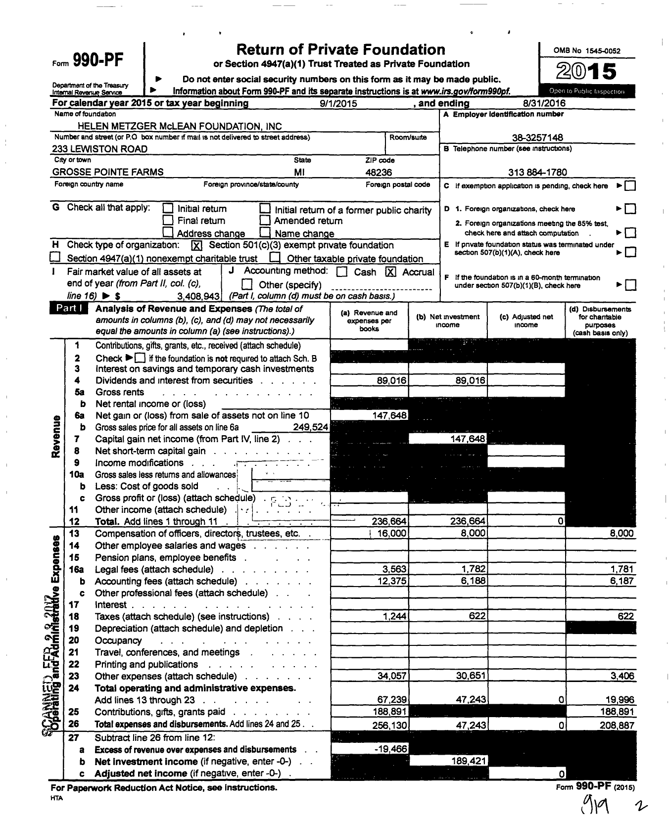 Image of first page of 2015 Form 990PF for Helen Metzger Mclean Foundation