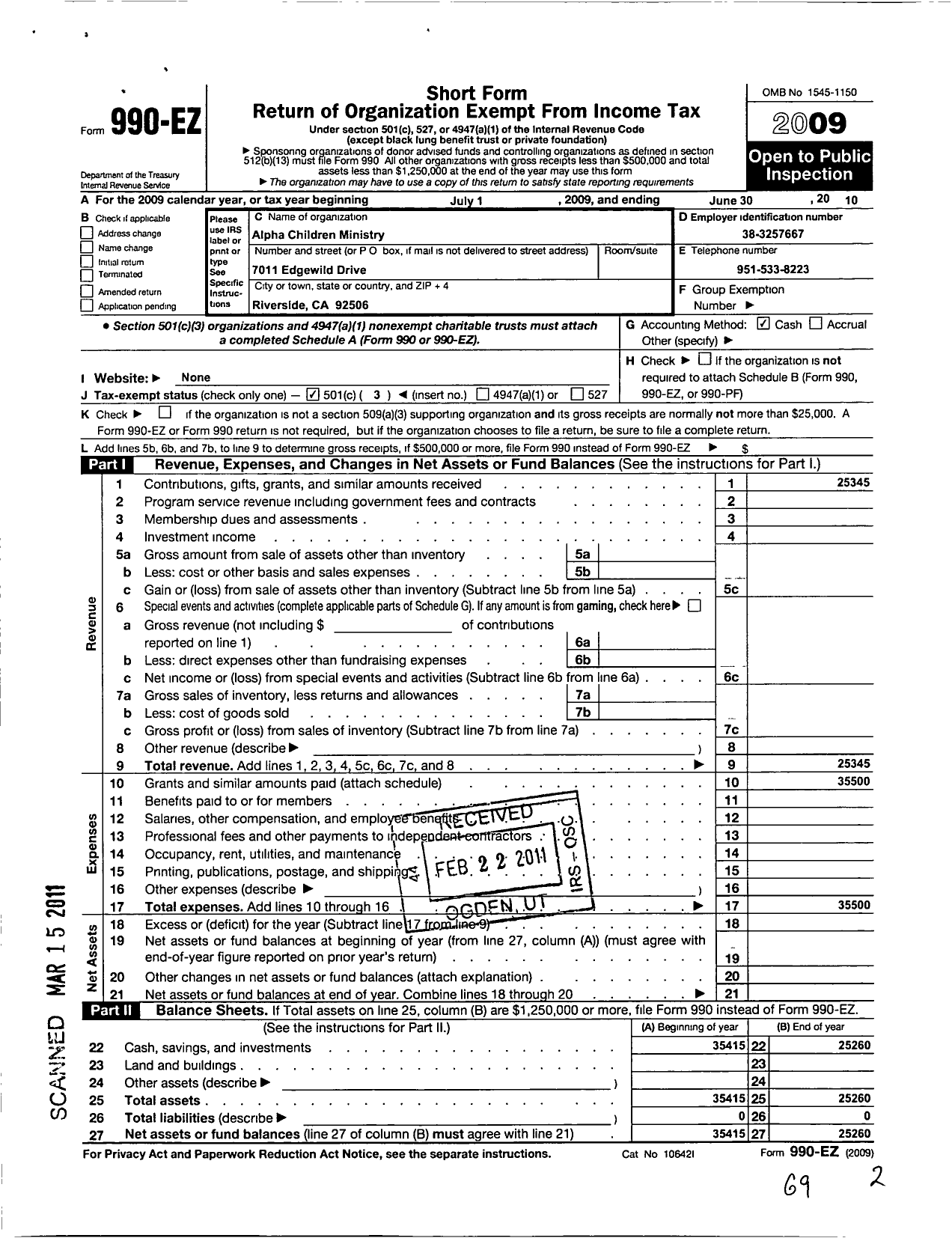 Image of first page of 2009 Form 990EZ for Alpha Children Ministry