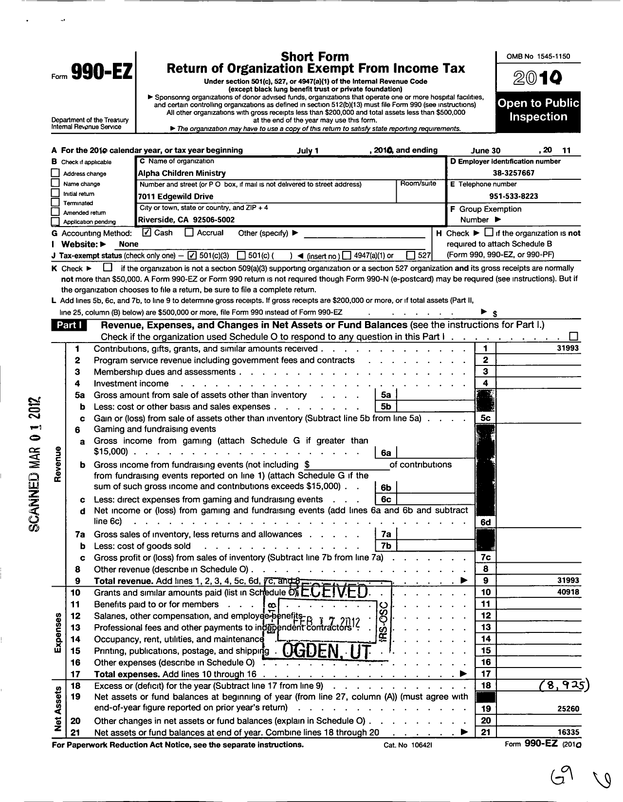 Image of first page of 2010 Form 990EZ for Alpha Children Ministry