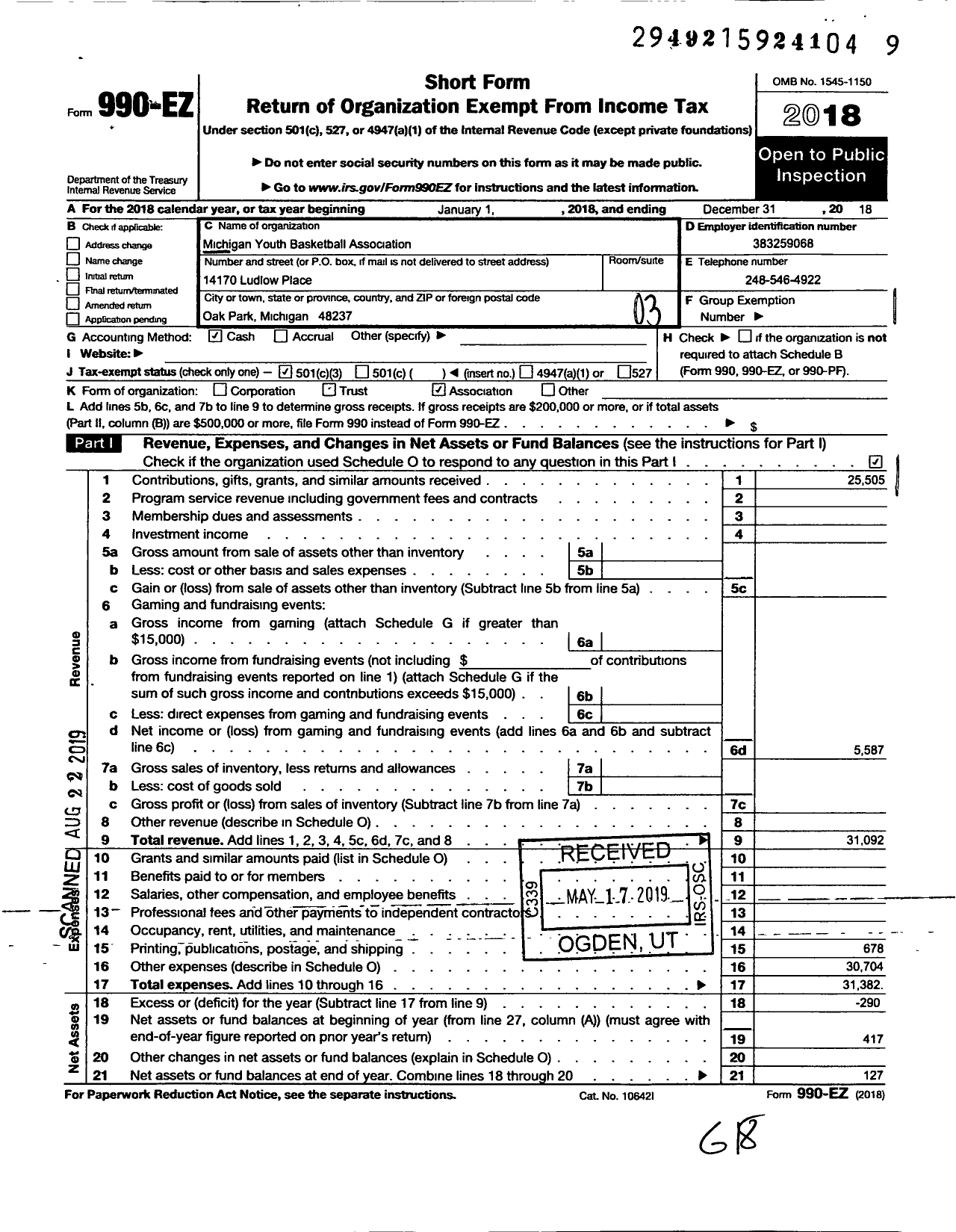 Image of first page of 2018 Form 990EZ for Michigan Youth Basketball Association