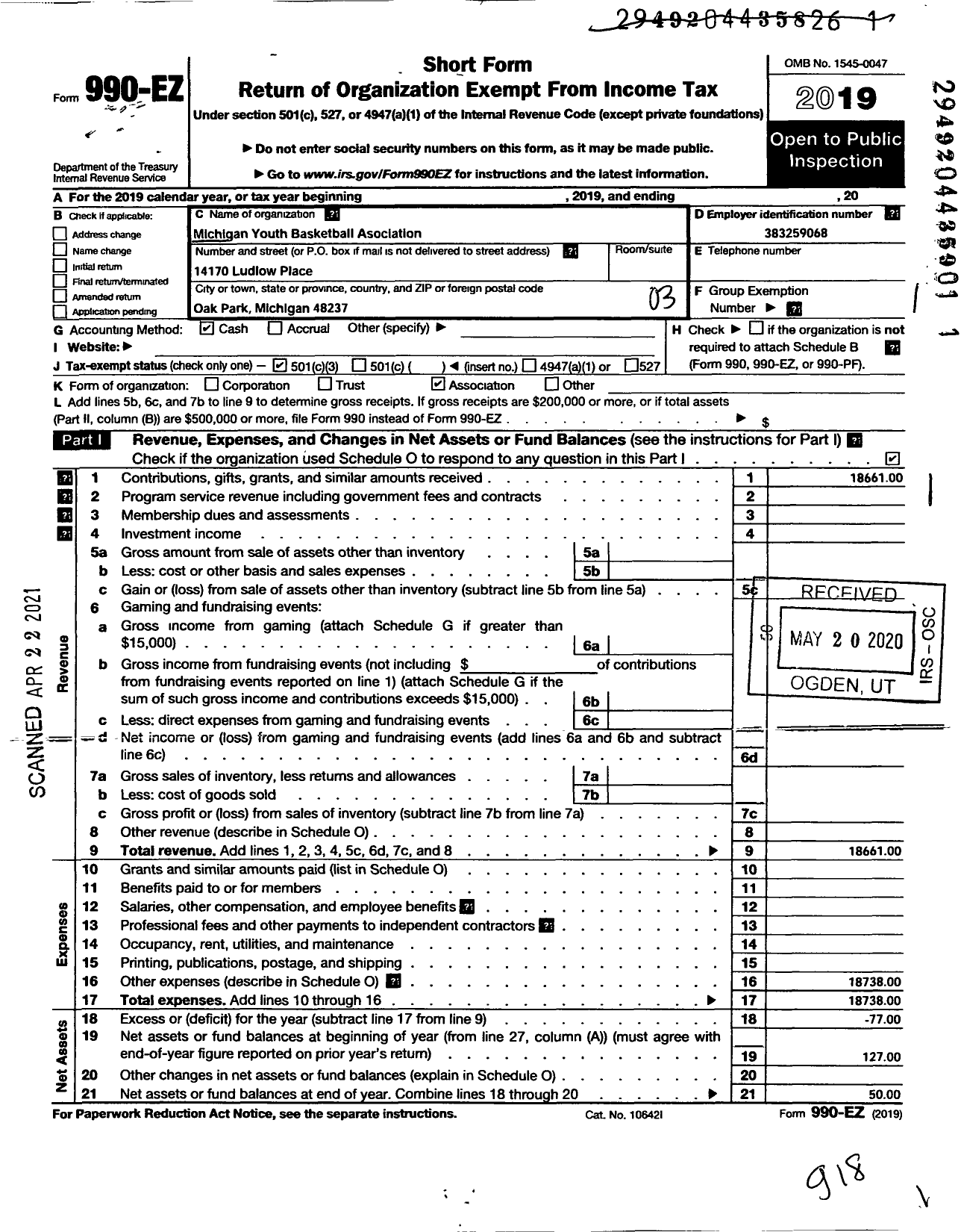 Image of first page of 2019 Form 990EZ for Michigan Youth Basketball Association