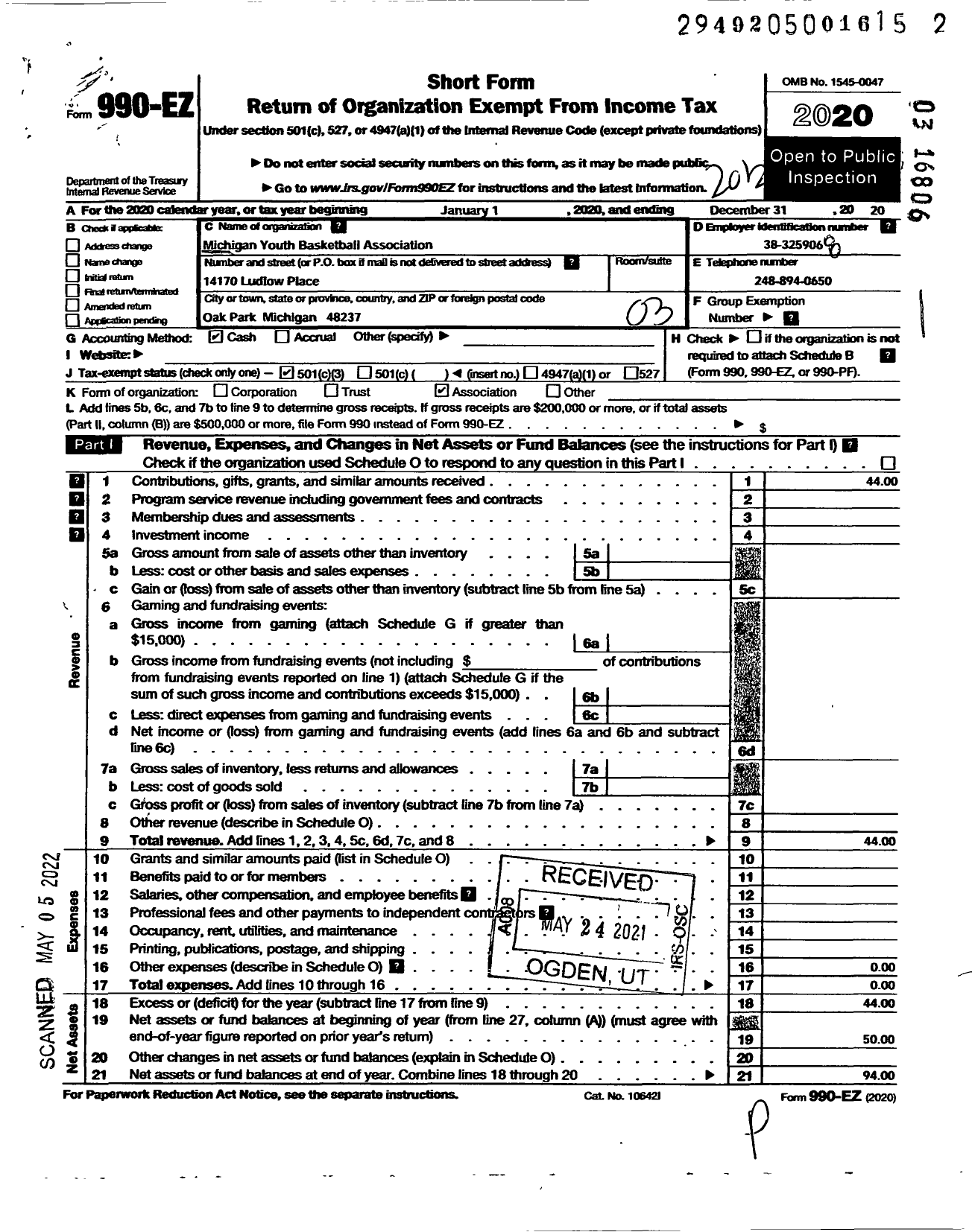 Image of first page of 2020 Form 990EZ for Michigan Youth Basketball Association