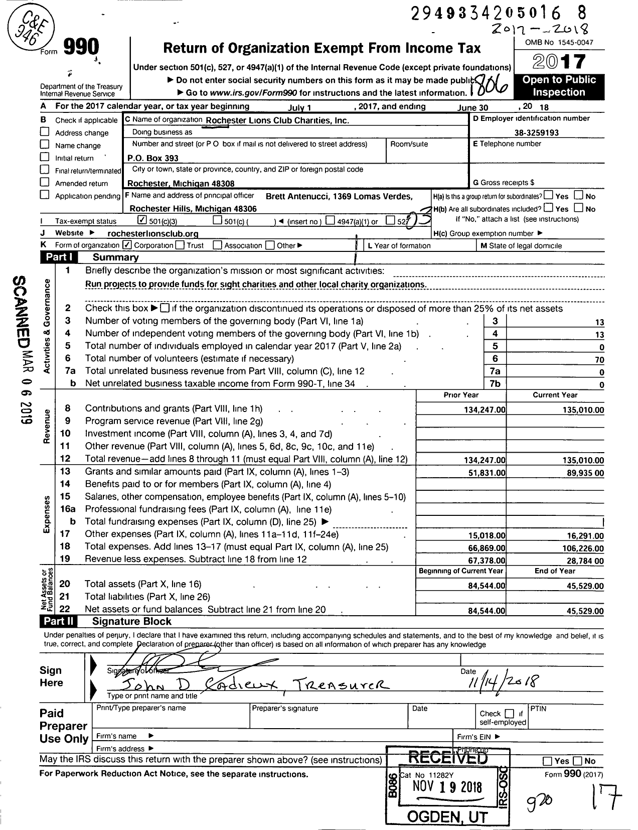 Image of first page of 2017 Form 990 for Rochester Lions Club Charities