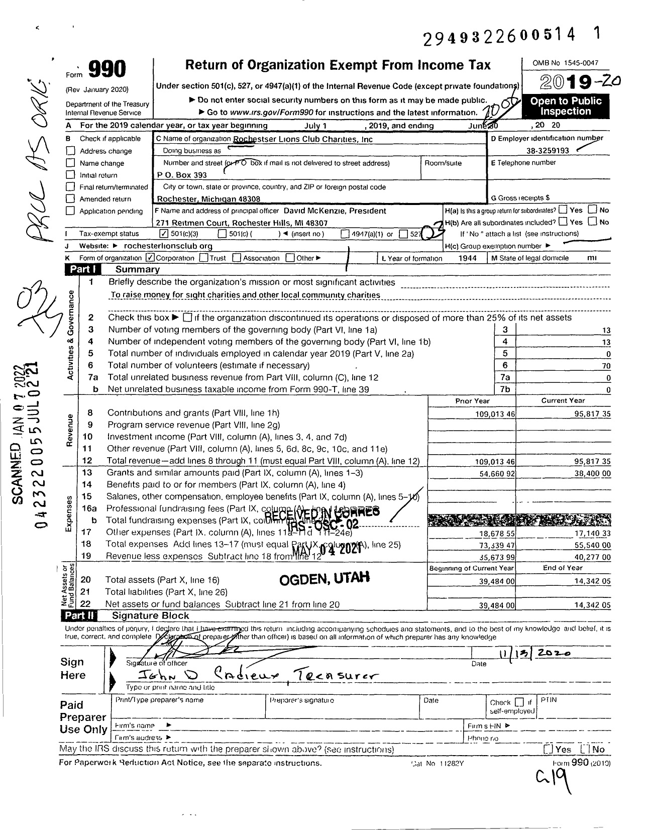 Image of first page of 2019 Form 990 for Rochester Lions Club Charities