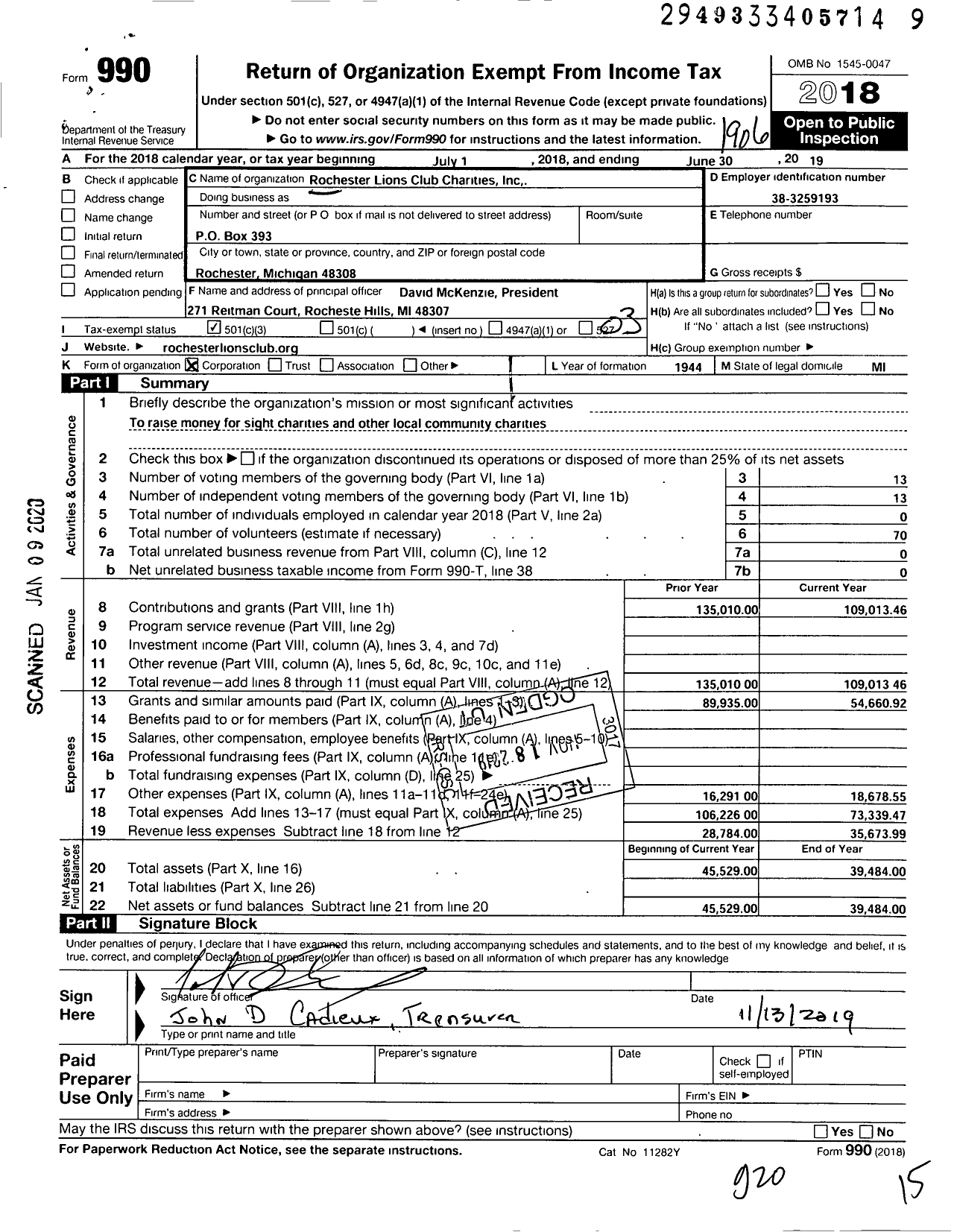 Image of first page of 2018 Form 990 for Rochester Lions Club Charities