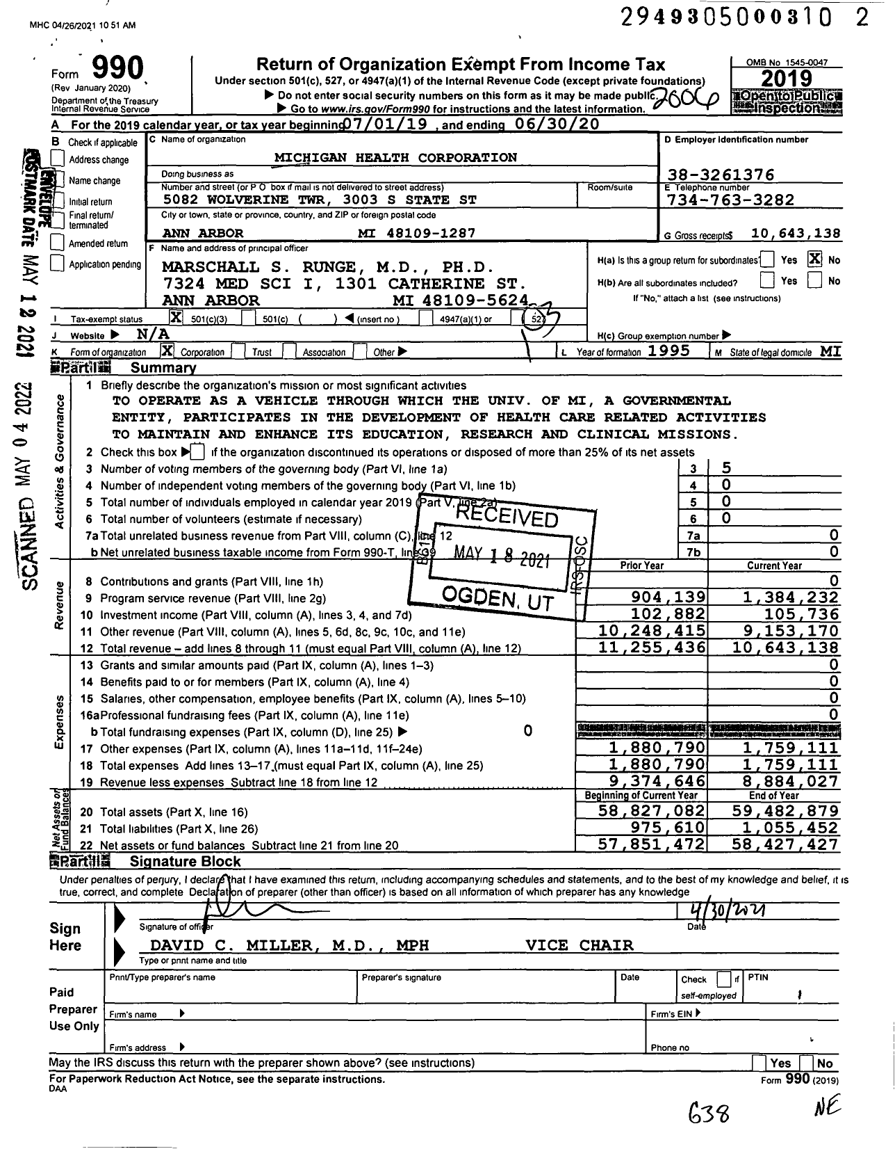 Image of first page of 2019 Form 990 for Michigan Health Corporation