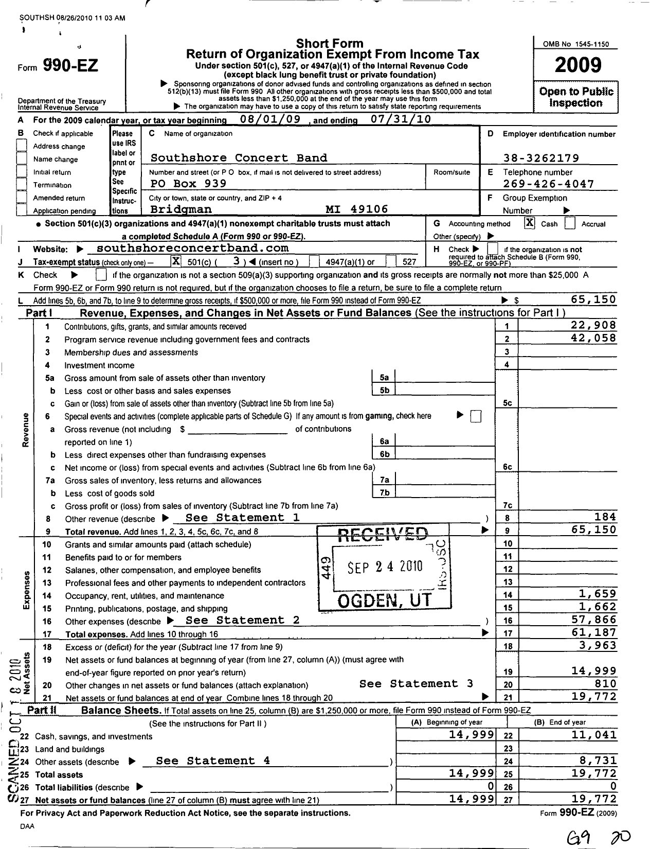Image of first page of 2009 Form 990EZ for Southshore Concert Band