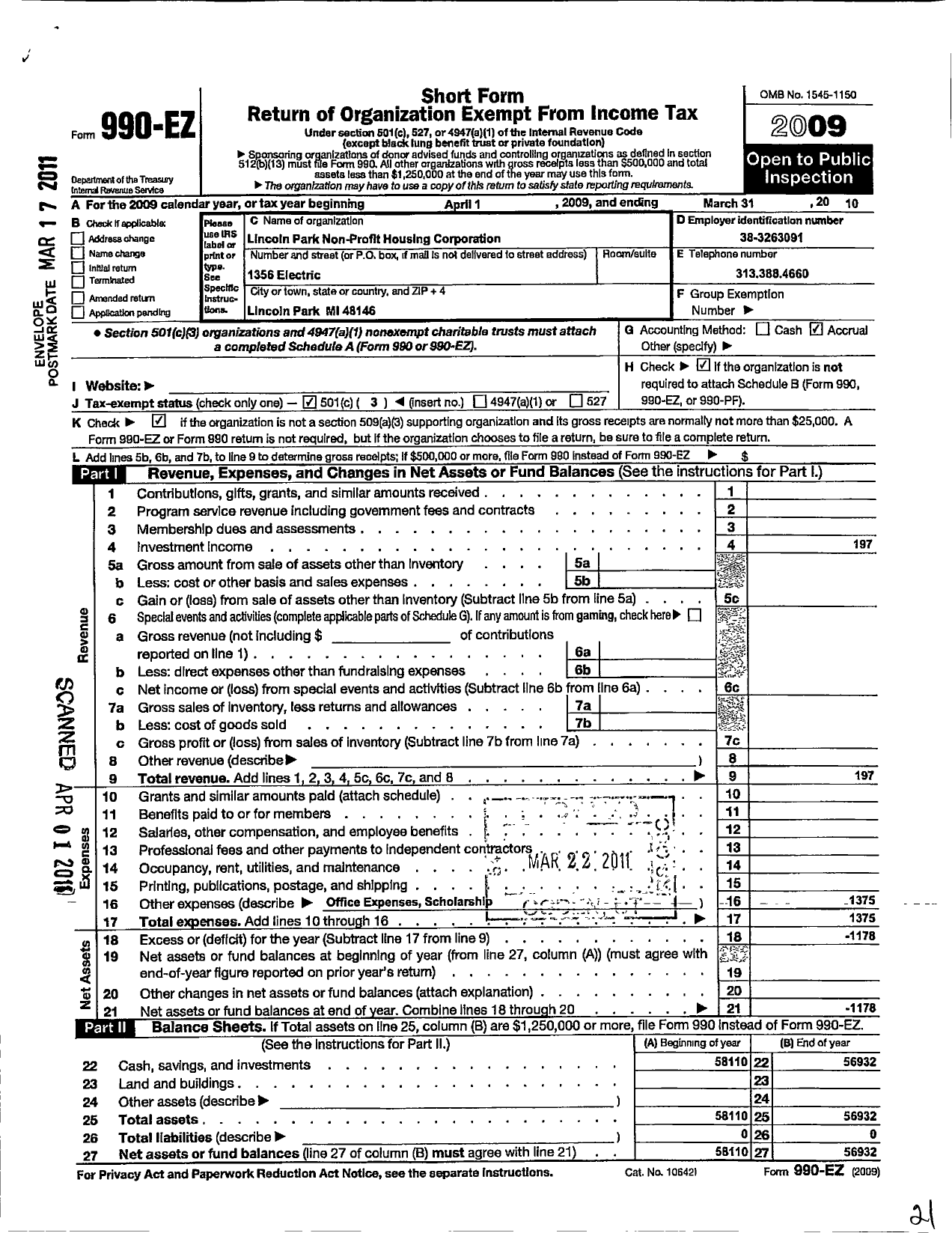Image of first page of 2009 Form 990EZ for Lincoln Park Non-Profit Housing Corporation