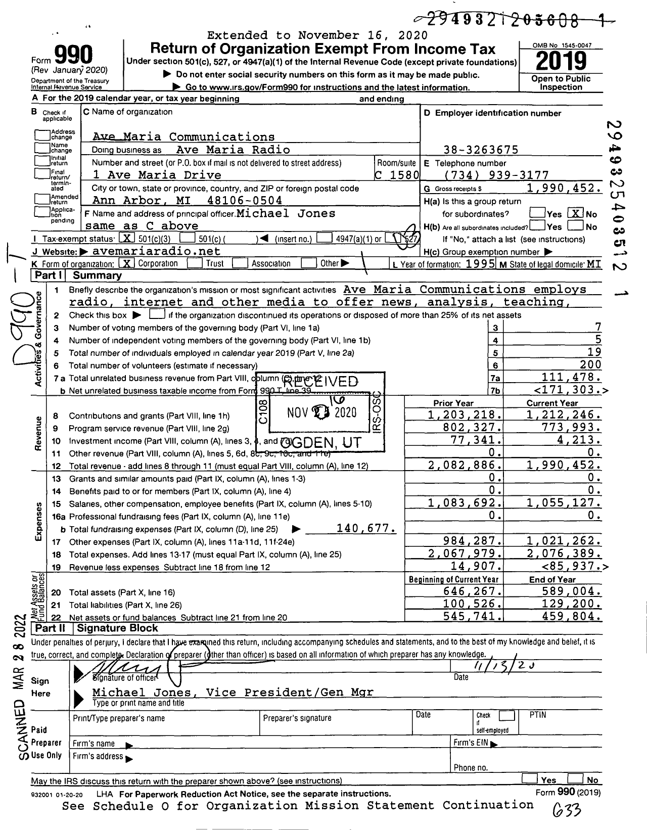 Image of first page of 2019 Form 990 for Ave Maria Radio