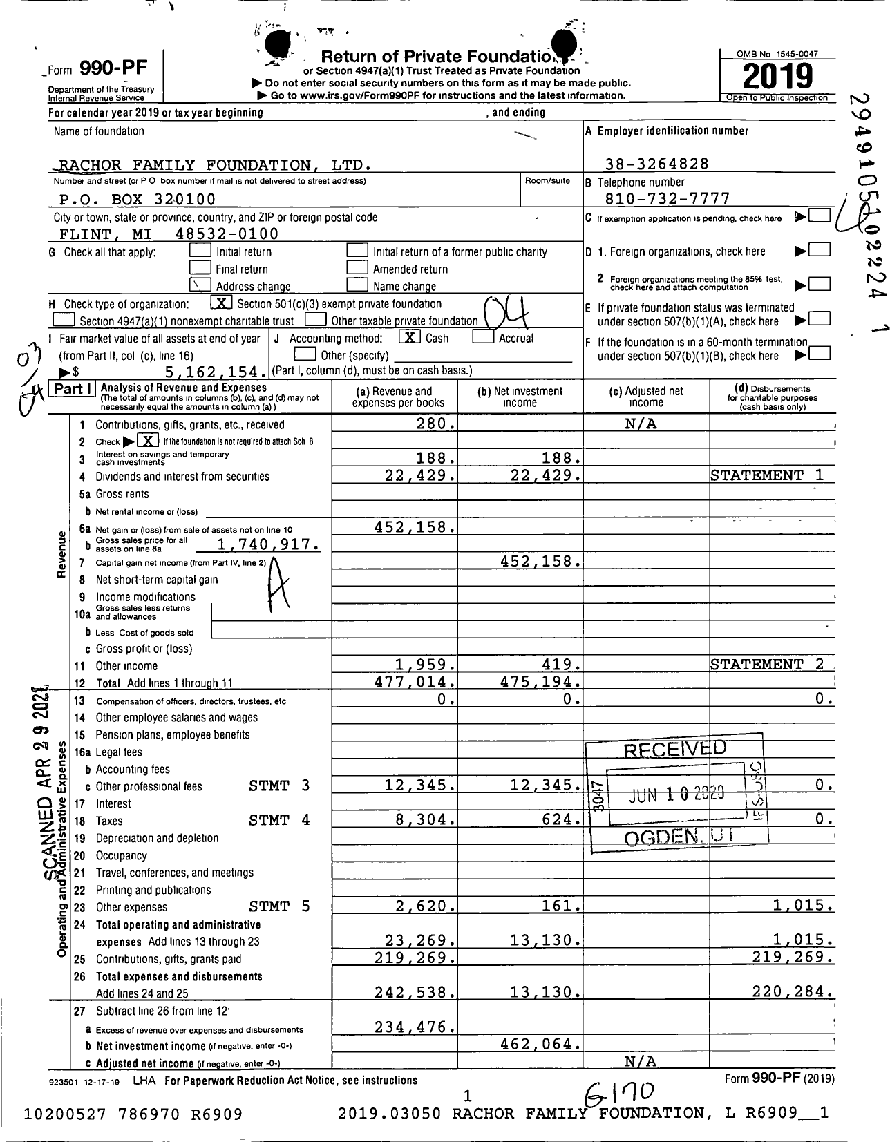 Image of first page of 2019 Form 990PF for Rachor Education Foundation