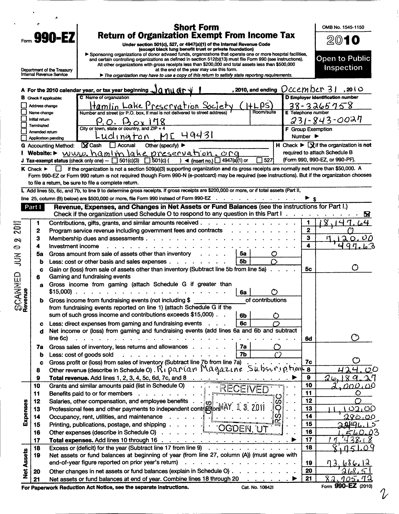 Image of first page of 2010 Form 990EO for Hamlin Lake Preservation Society