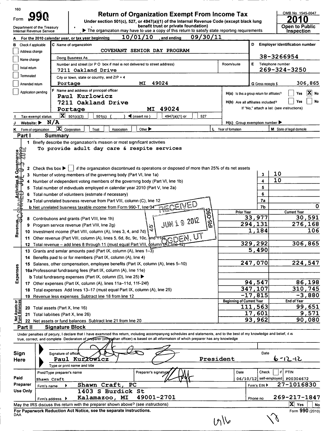 Image of first page of 2010 Form 990 for Covenant Senior Day Program