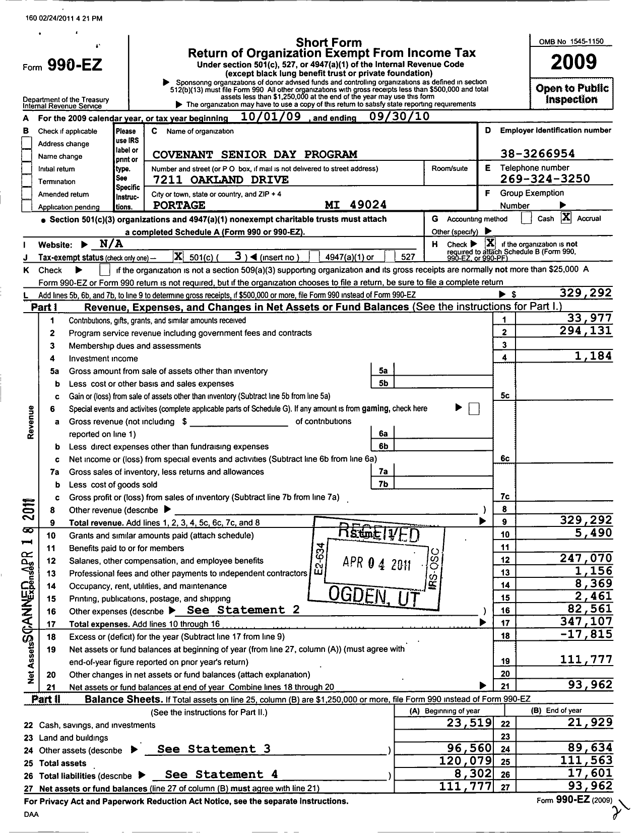 Image of first page of 2009 Form 990EZ for Covenant Senior Day Program