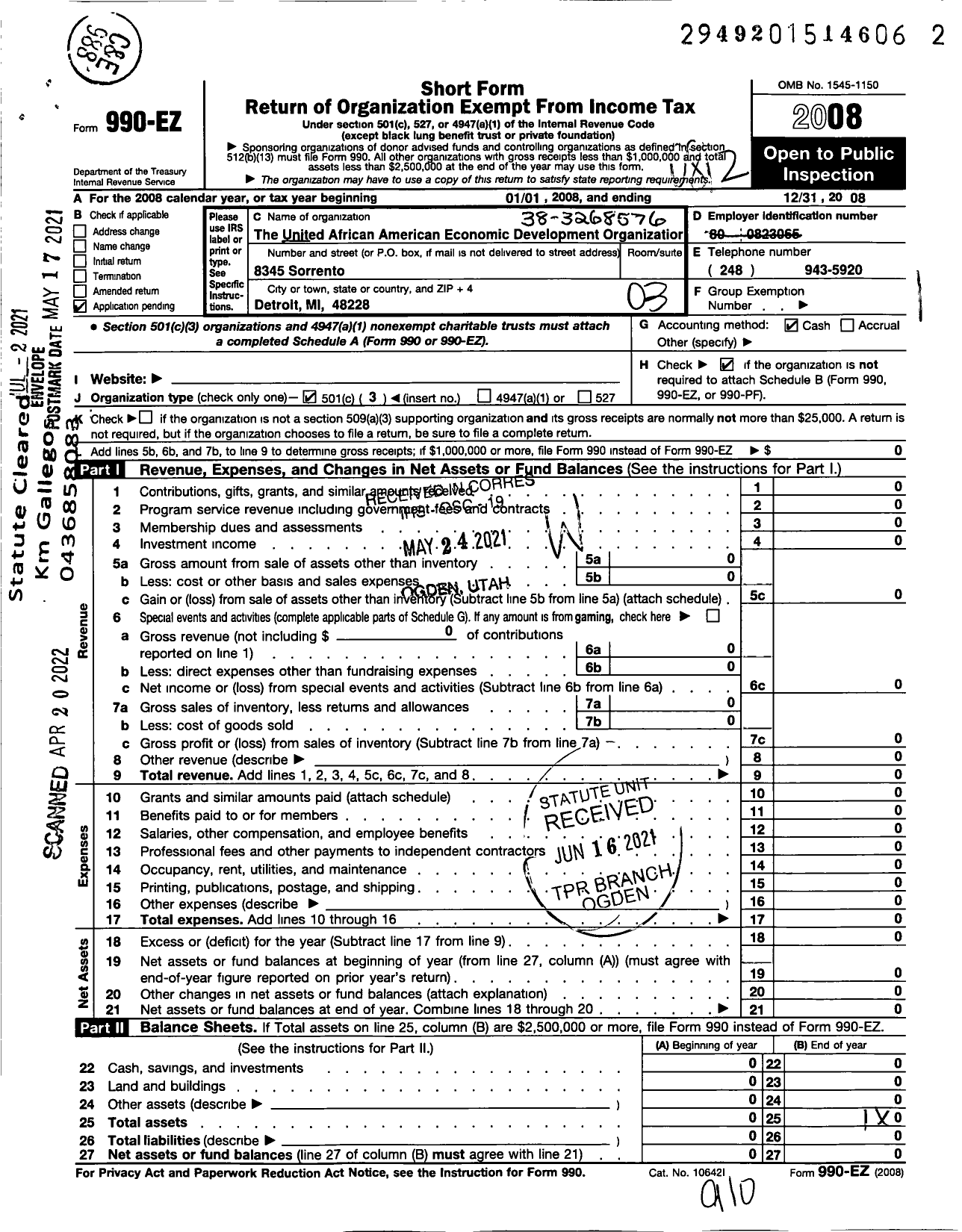 Image of first page of 2008 Form 990EZ for The United African American Economic C Development Organization