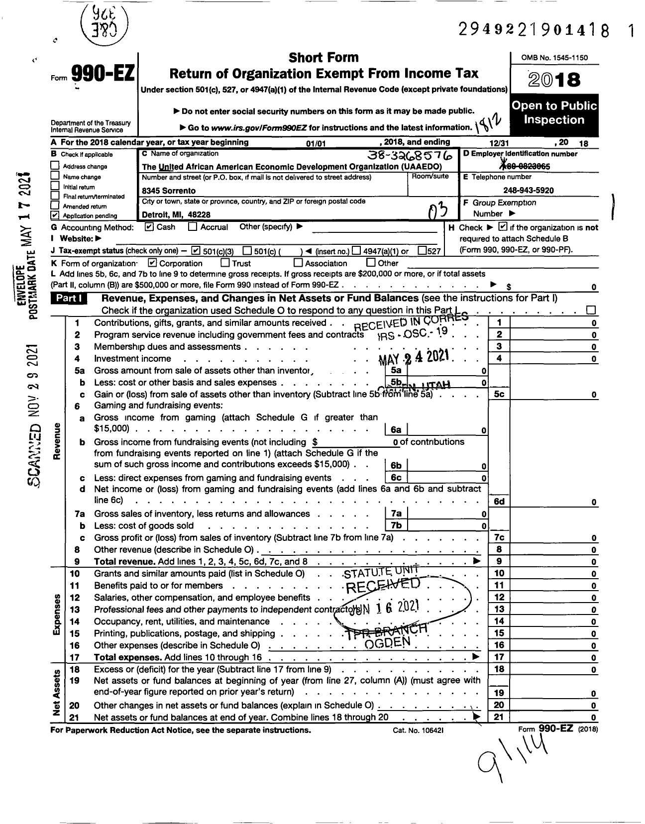 Image of first page of 2018 Form 990EZ for The United African American Economic C Development Organization