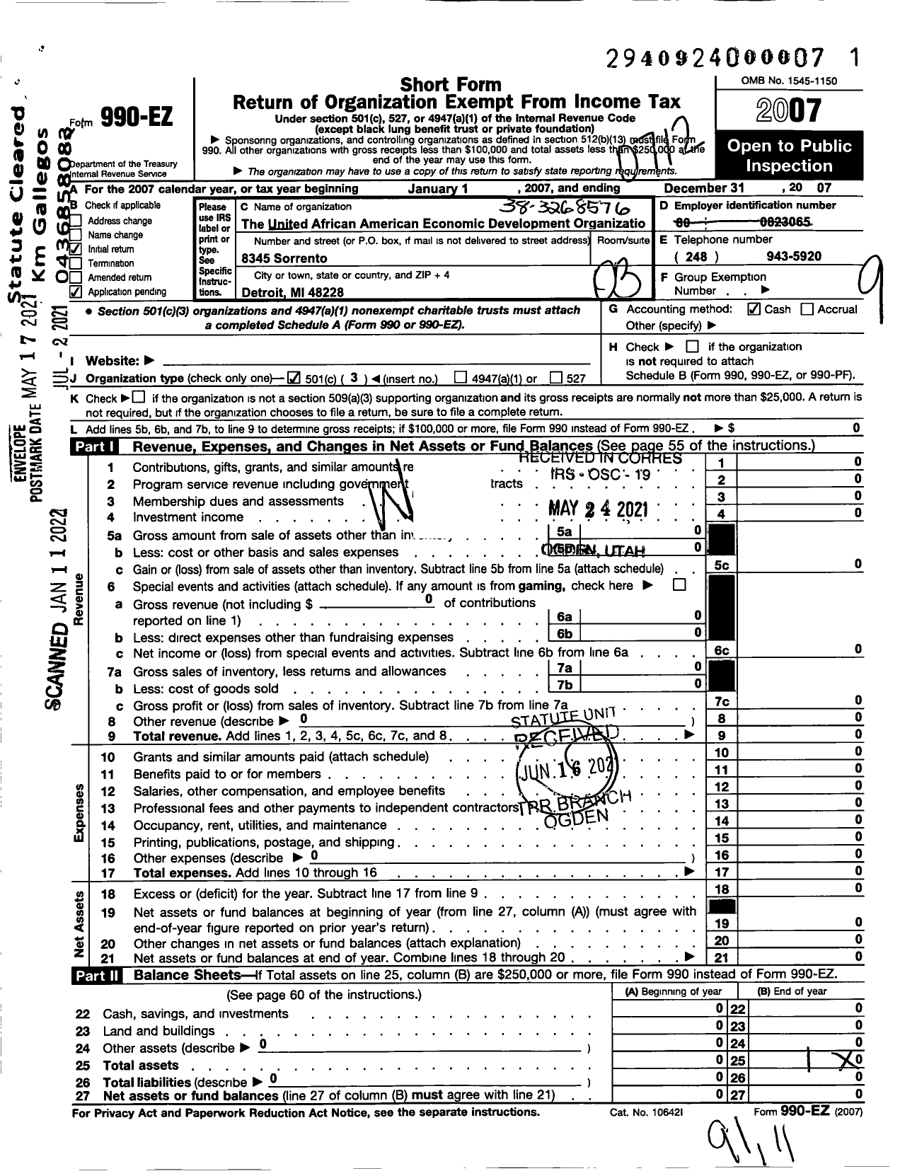 Image of first page of 2007 Form 990EZ for The United African American Economic C Development Organization