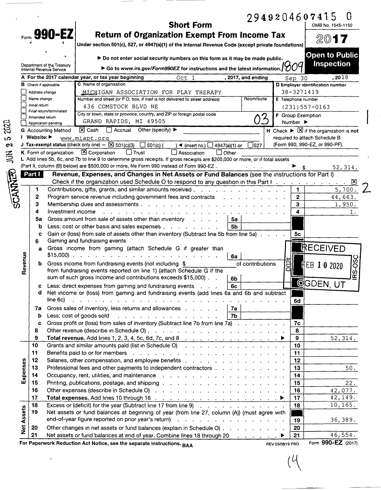 Image of first page of 2017 Form 990EZ for Michigan Association for Play Therapy