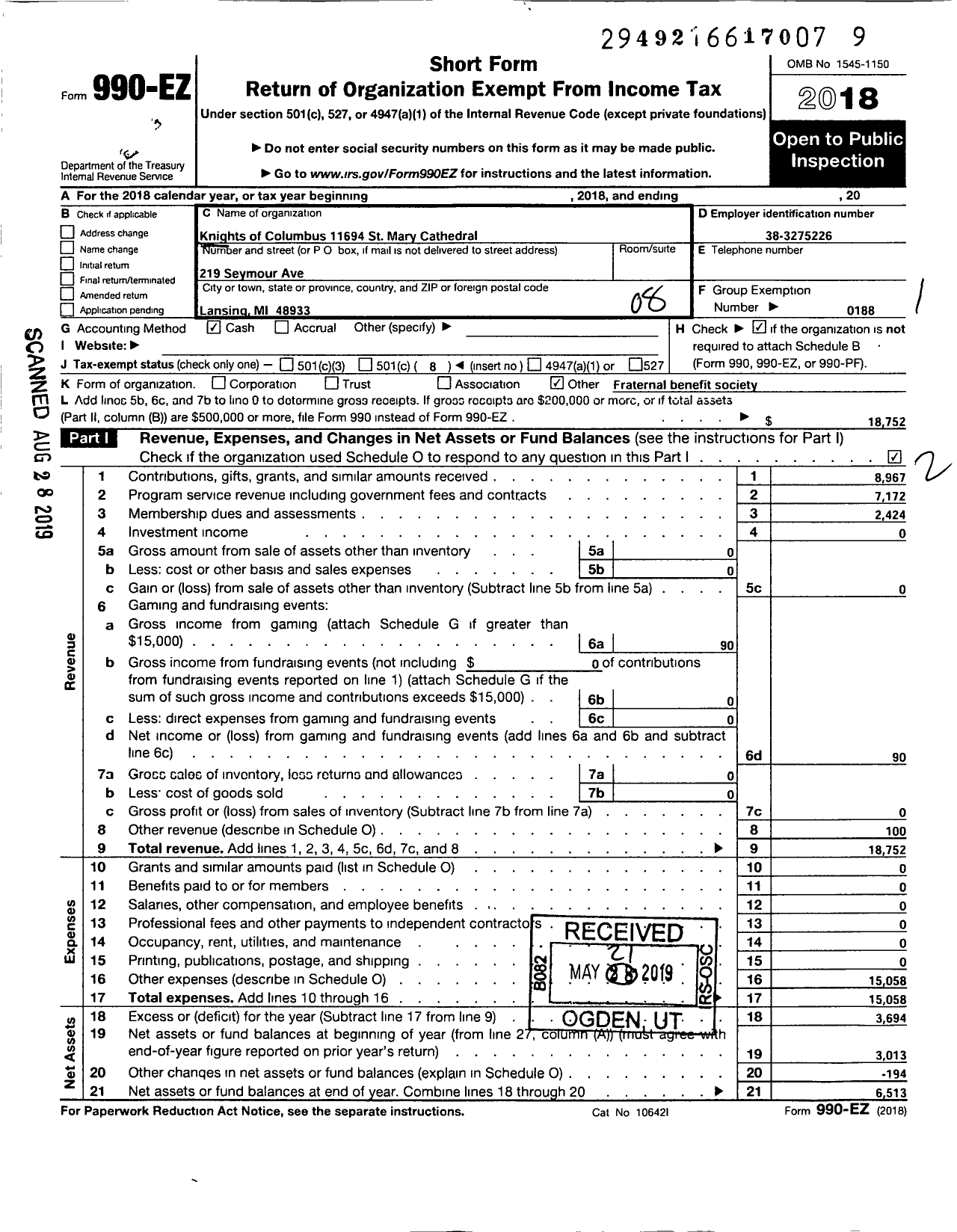 Image of first page of 2018 Form 990EO for Knights of Columbus - 11694 St Mary Cathedral