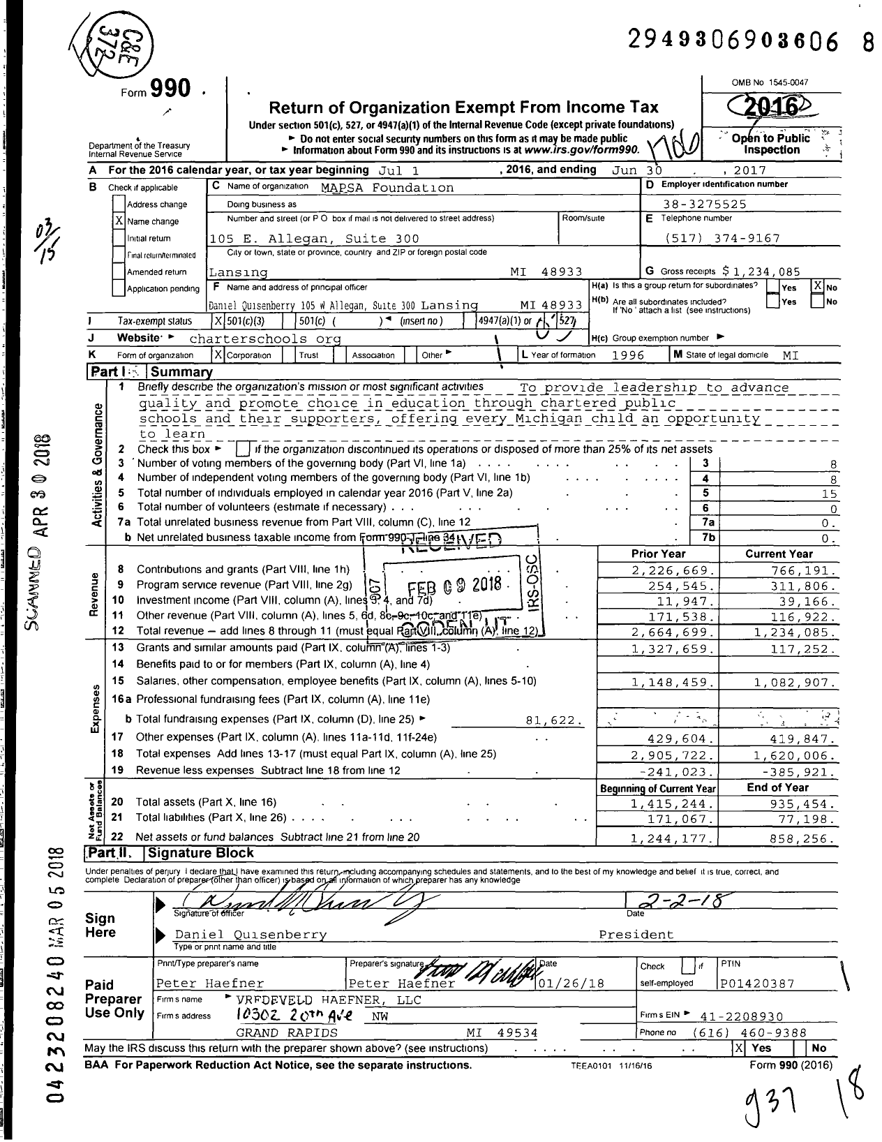 Image of first page of 2016 Form 990 for MAPSA Foundation