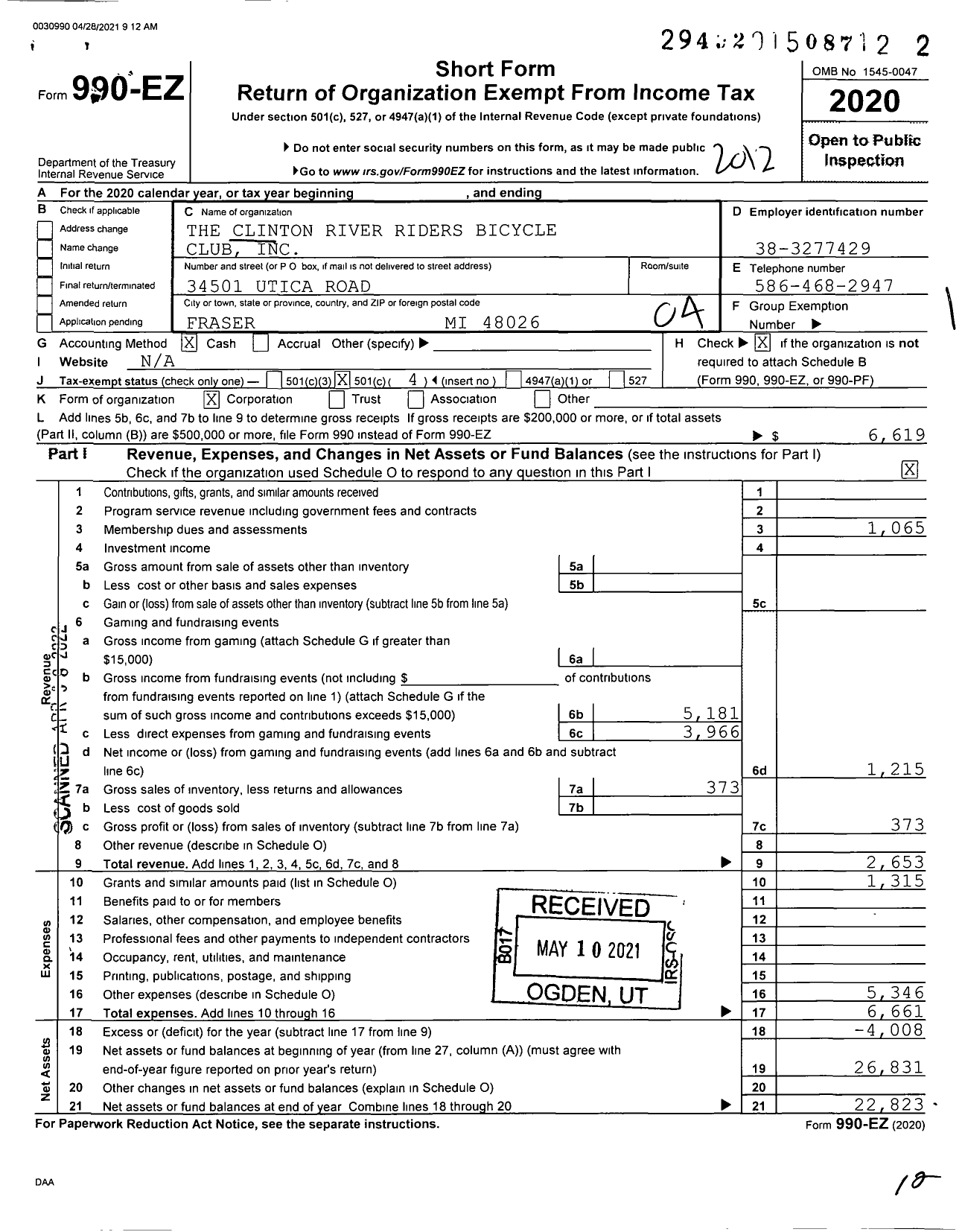 Image of first page of 2020 Form 990EO for The Clinton River Riders Bicycle Club