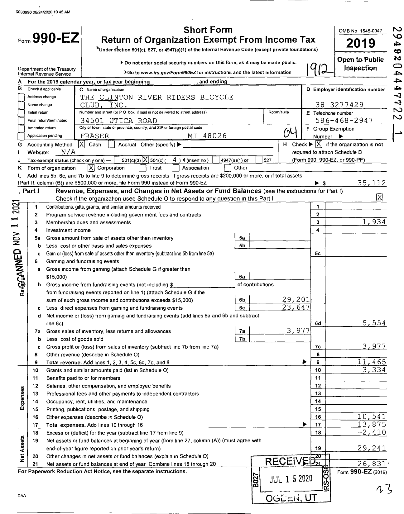 Image of first page of 2019 Form 990EO for The Clinton River Riders Bicycle Club