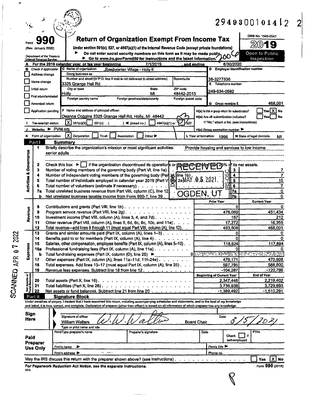 Image of first page of 2019 Form 990 for Presbyterian Village - Holly II