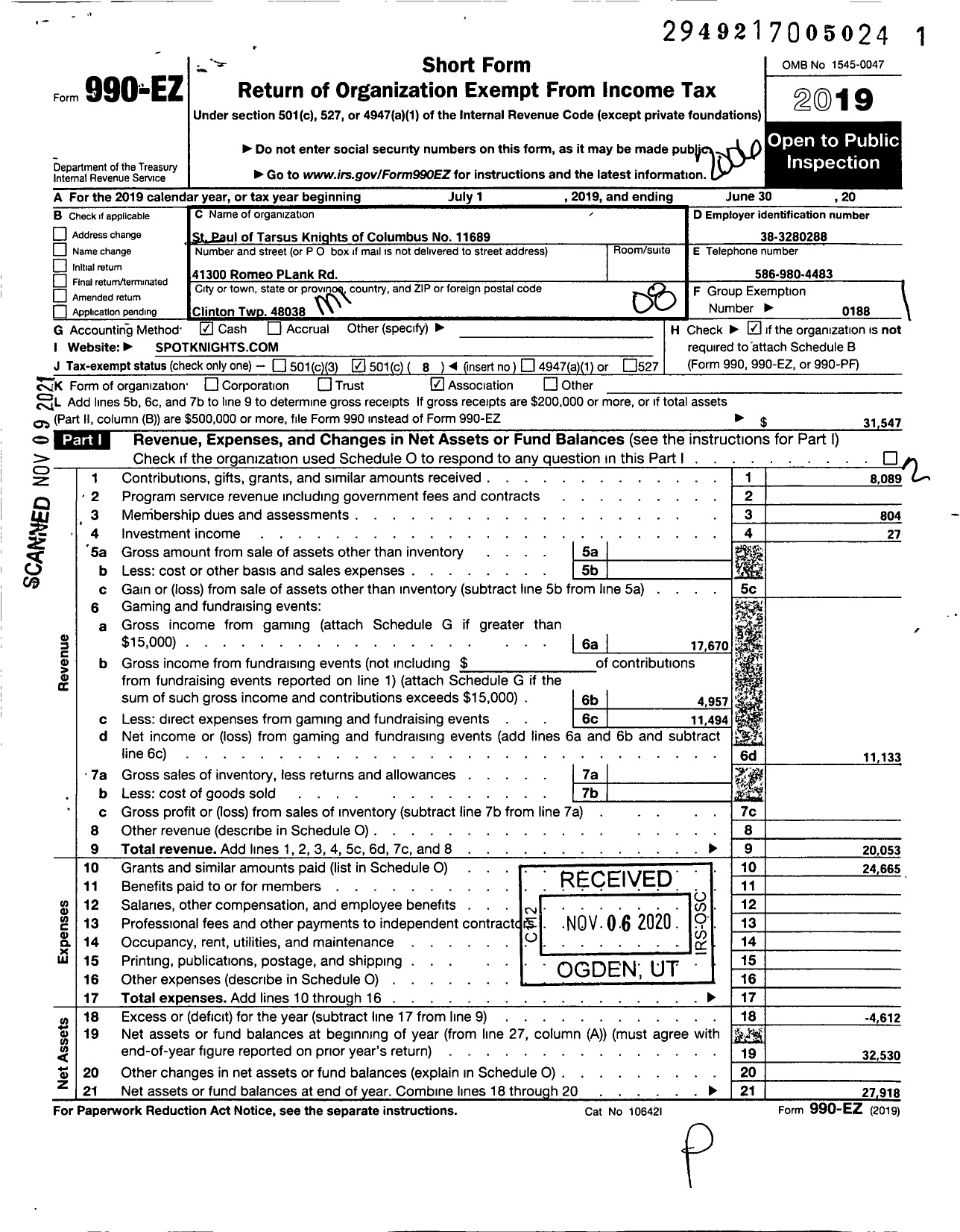 Image of first page of 2019 Form 990EO for KNIGHTS OF COLUMBUS - 11689 St Paul OF Tarsus